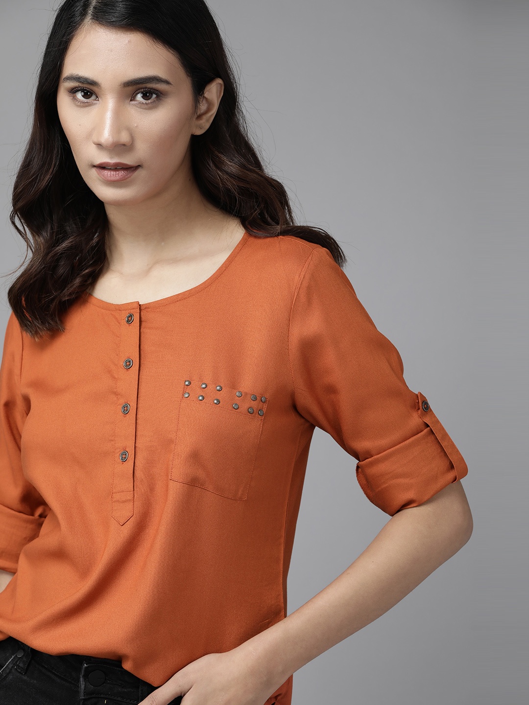 

The Roadster Lifestyle Co Women Rust Orange Solid EcoVero Regular Top