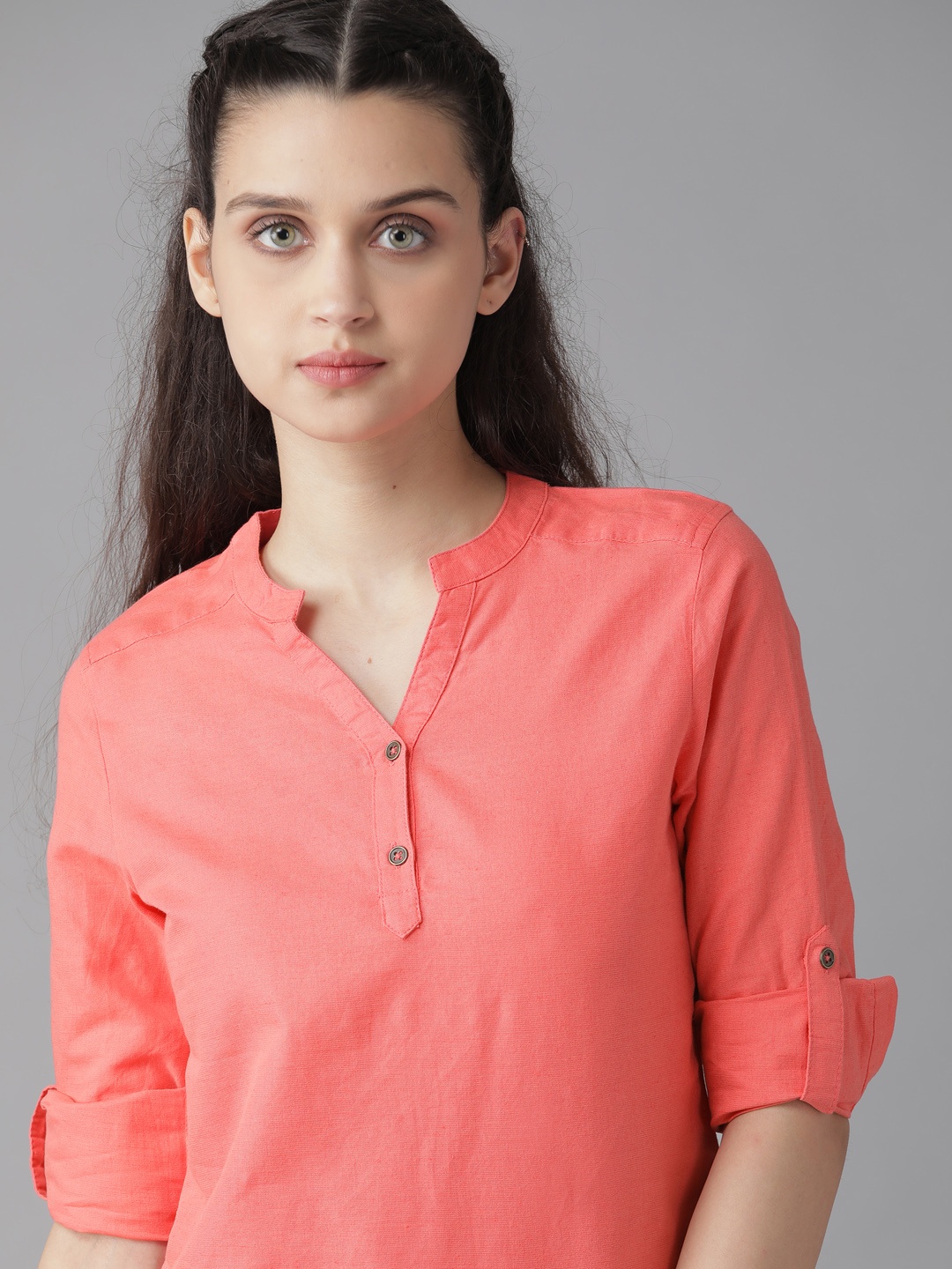

The Roadster Lifestyle Co Coral Pink Solid Mandarin Collar Roll-Up Sleeves Shirt Style Top