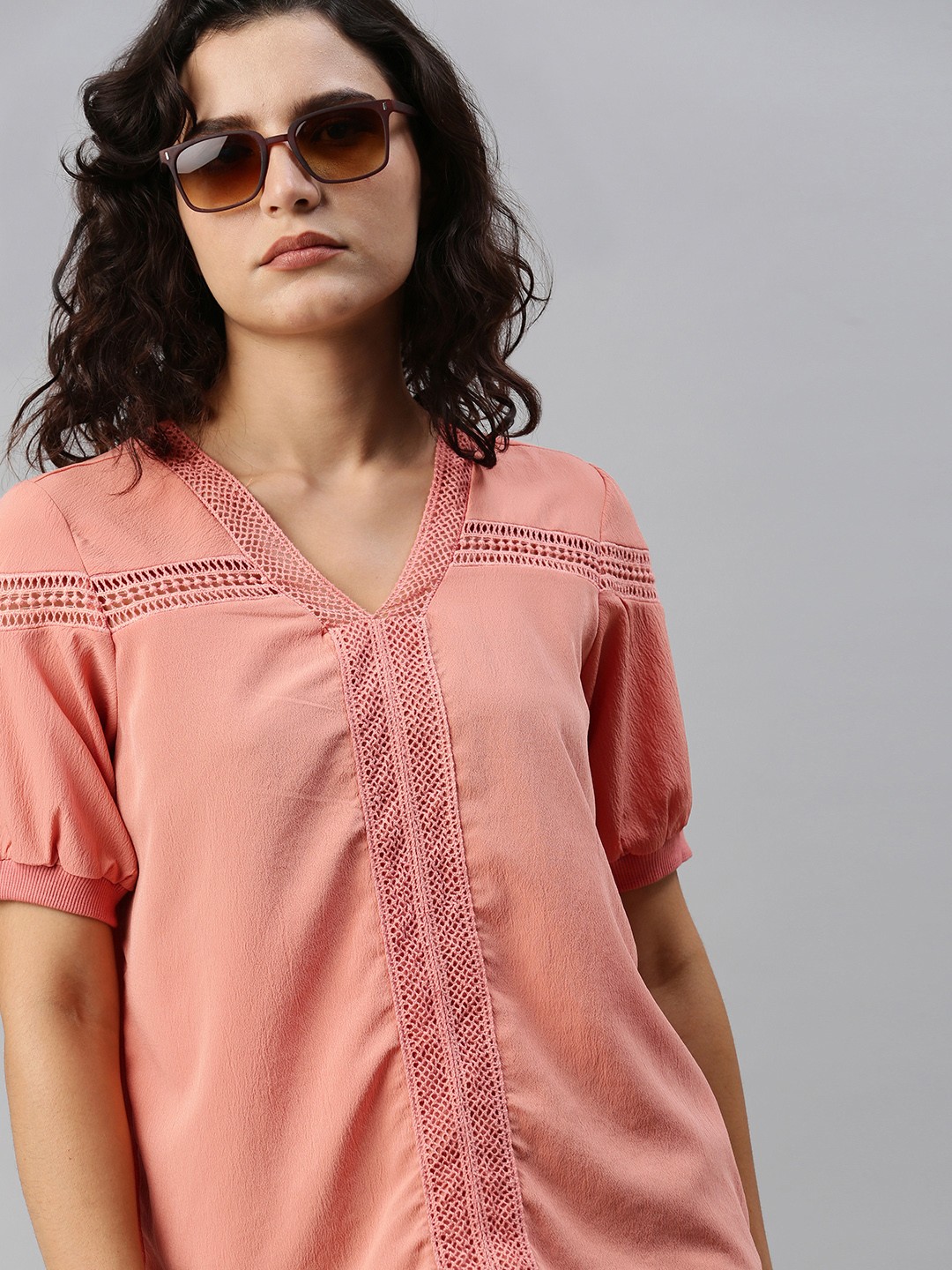 

The Roadster Lifestyle Co Peach Puff Sleeve Laced Regular Top