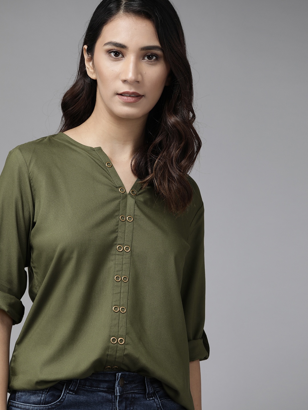 

The Roadster Lifestyle Co Women Green Solid EcoVero Regular Top