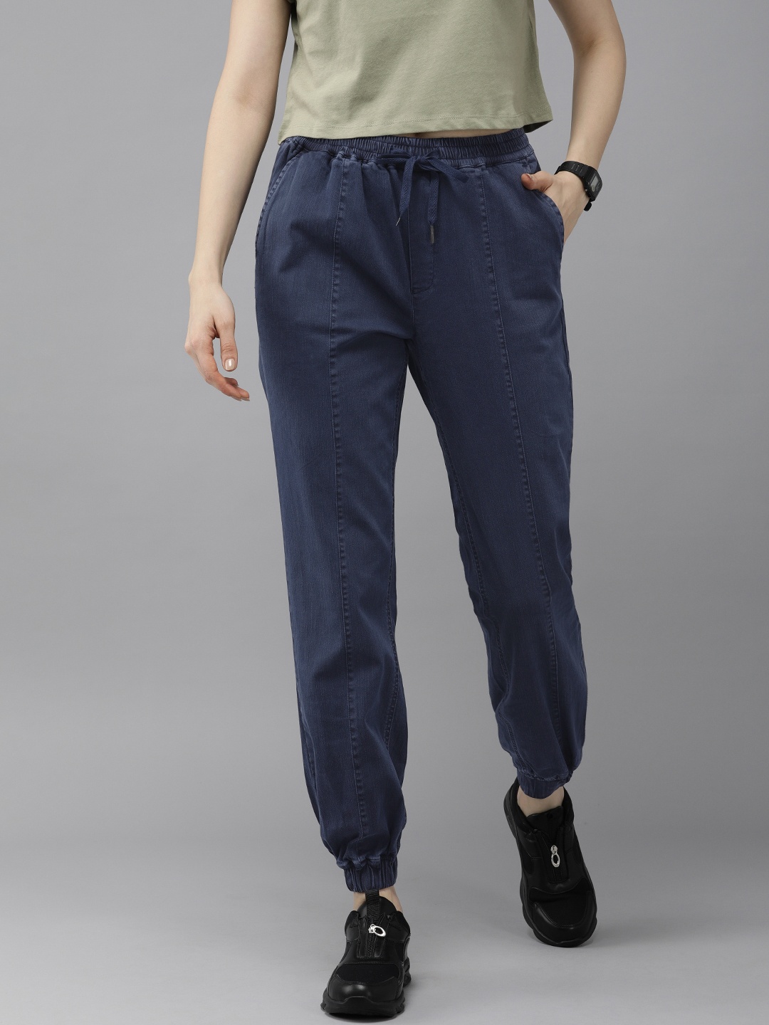 

The Roadster Lifestyle Co Women Navy Blue Washed Pleated Sustainable Joggers