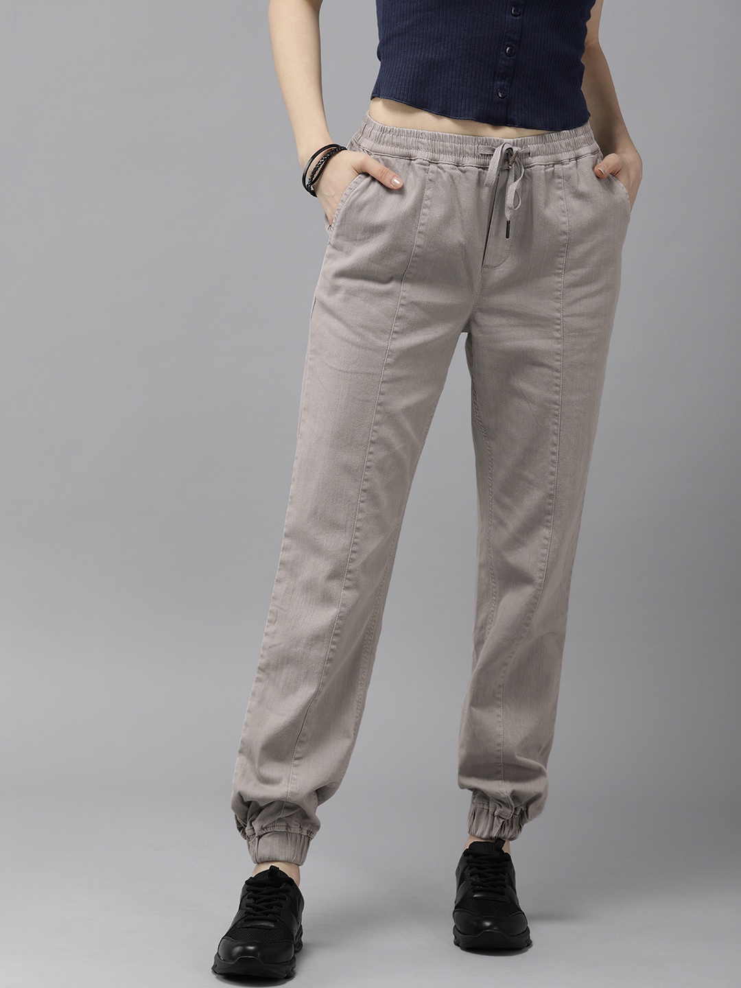 

The Roadster Lifestyle Co Women Grey High-Rise Pleated Sustainable Joggers Sustainable Trousers