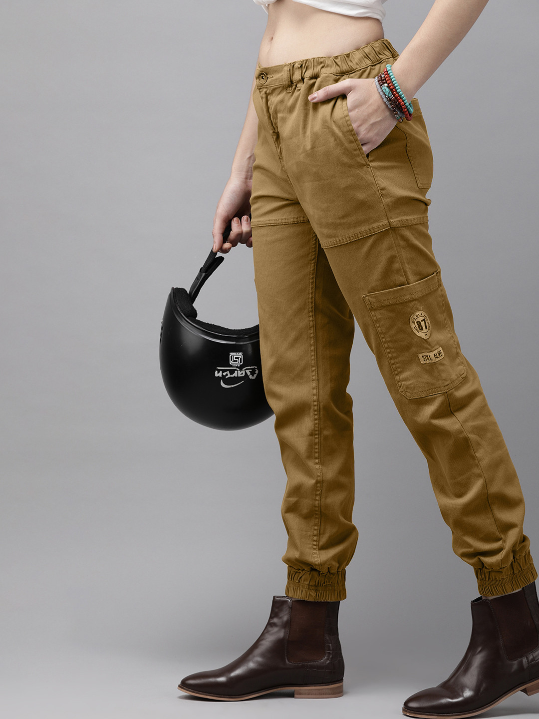 

The Roadster Lifestyle Co Women Khaki Woven Design Jogger Trousers