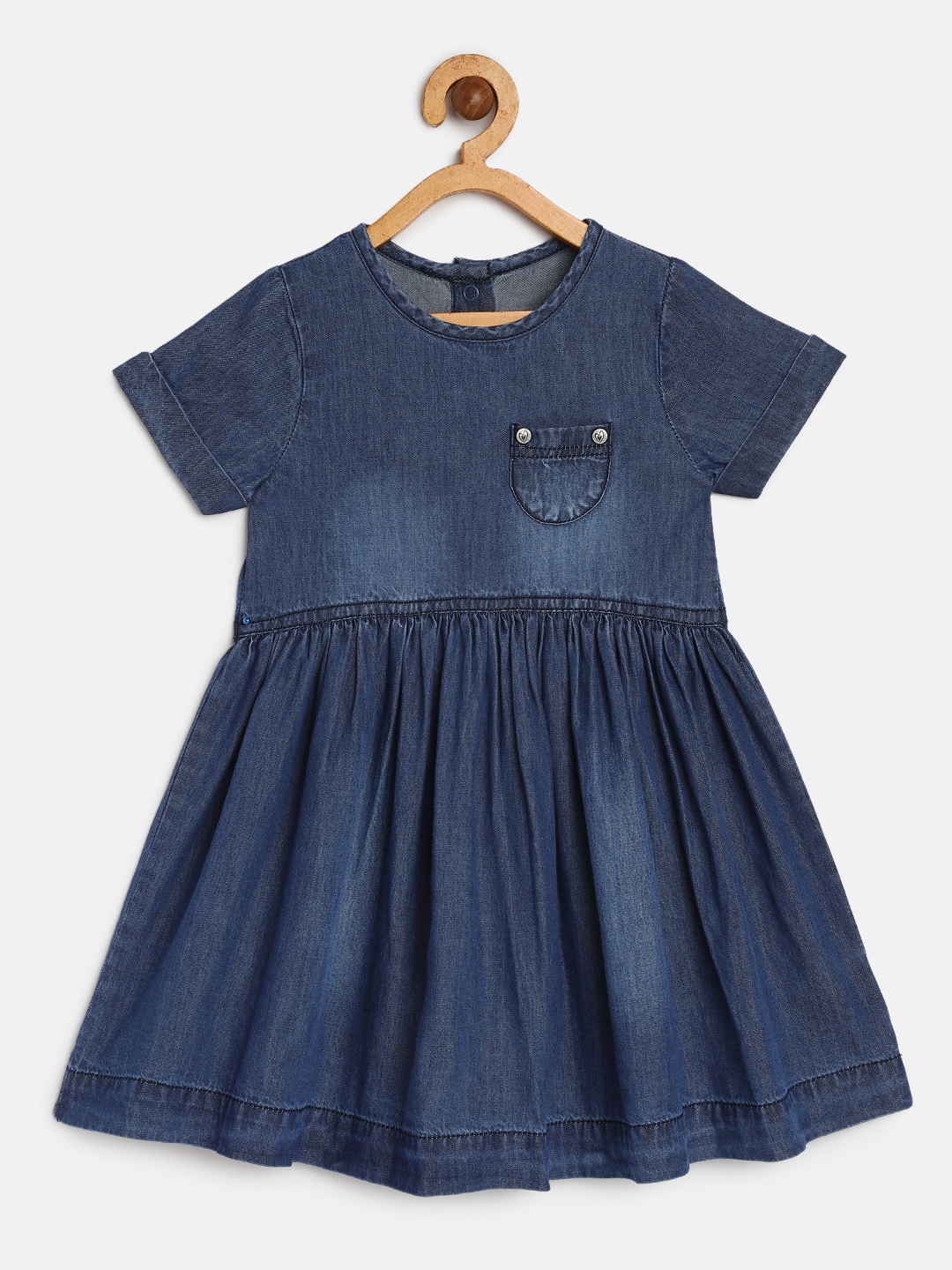 

mothercare Girls Navy Blue Washed Denim Pure Cotton A-Line Dress