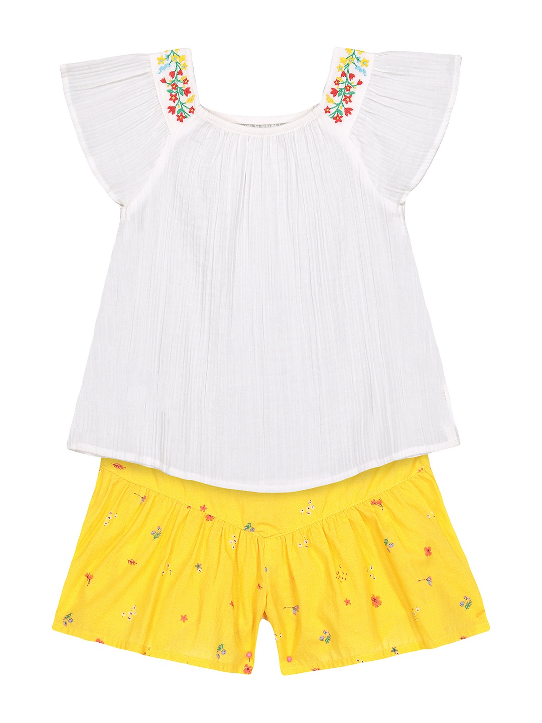 

mothercare Girls White & Yellow Pure Cotton Solid Top with Shorts