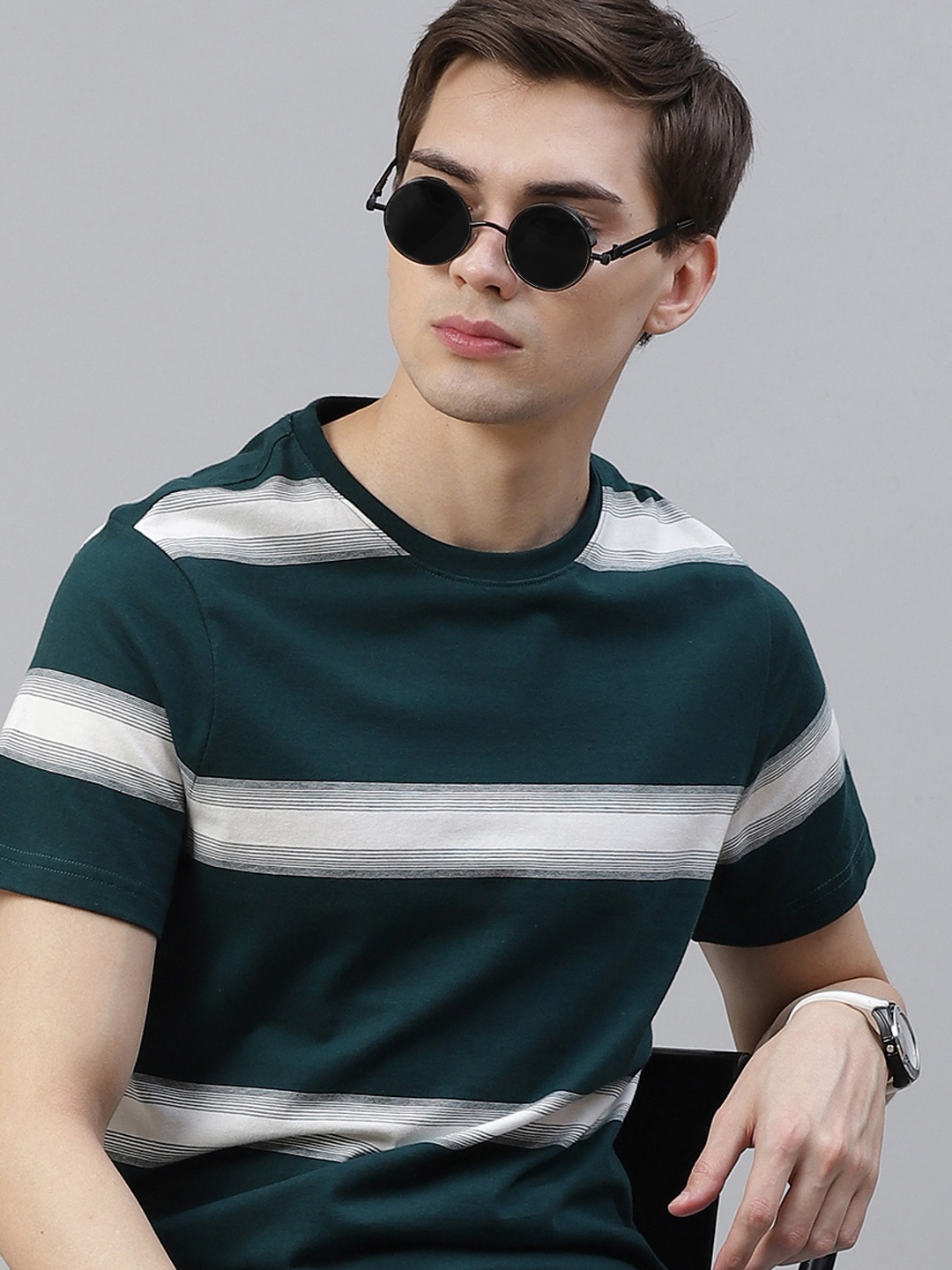 

The Roadster Lifestyle Co Men Green White Striped Pure Cotton T-shirt
