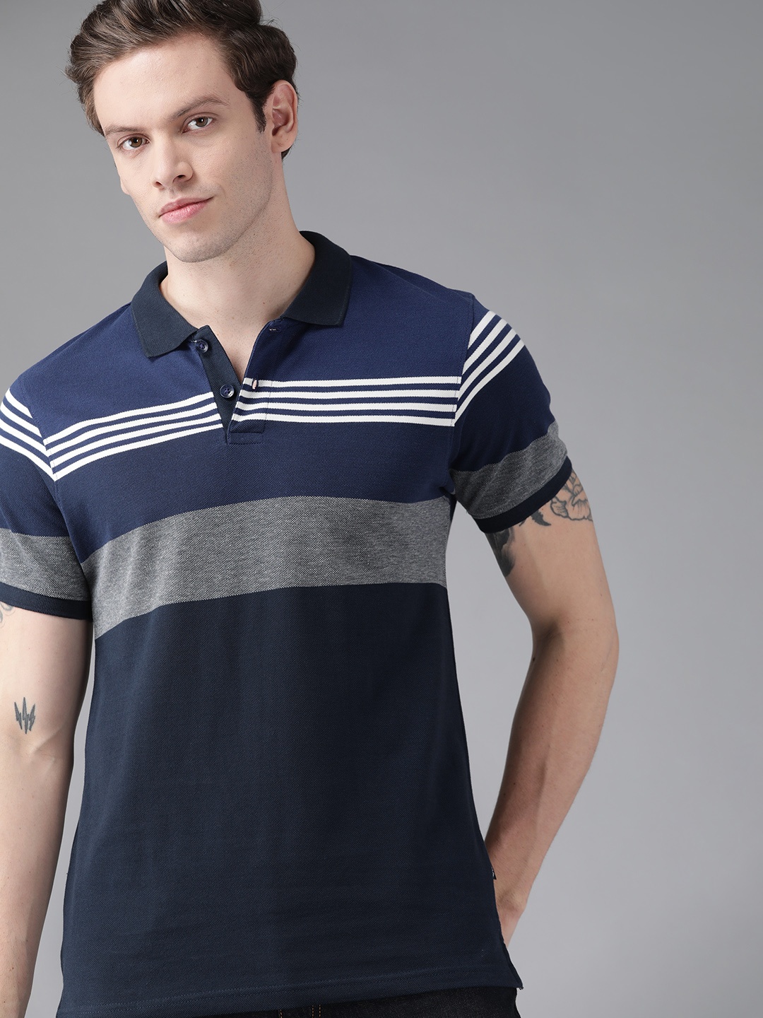 

Roadster Men Navy Blue & GreyColourblocked Polo Collar Pure Cotton T-shirt