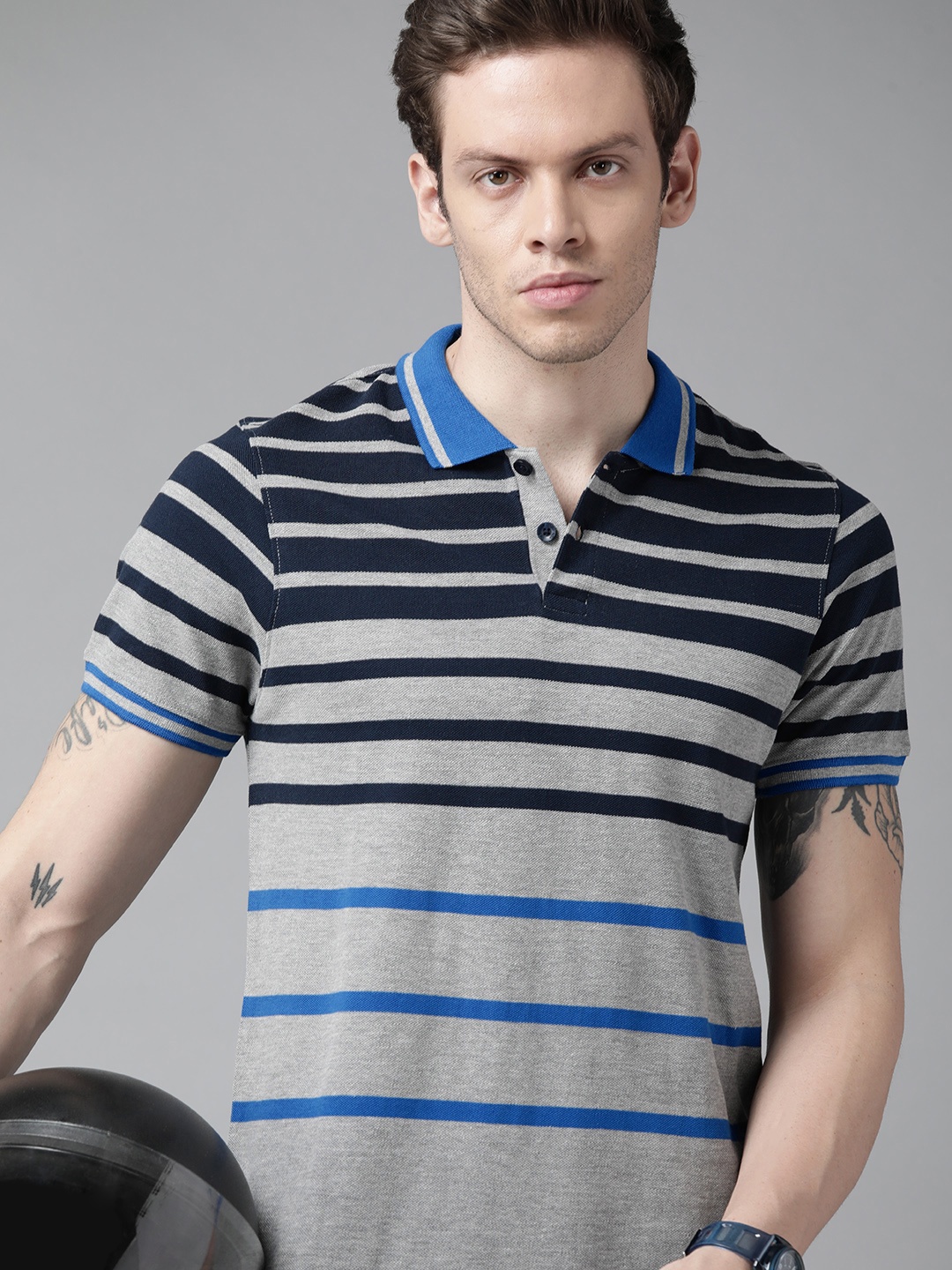 

Roadster Men Grey Melange & Navy Blue Striped Polo Collar Pure Cotton T-shirt