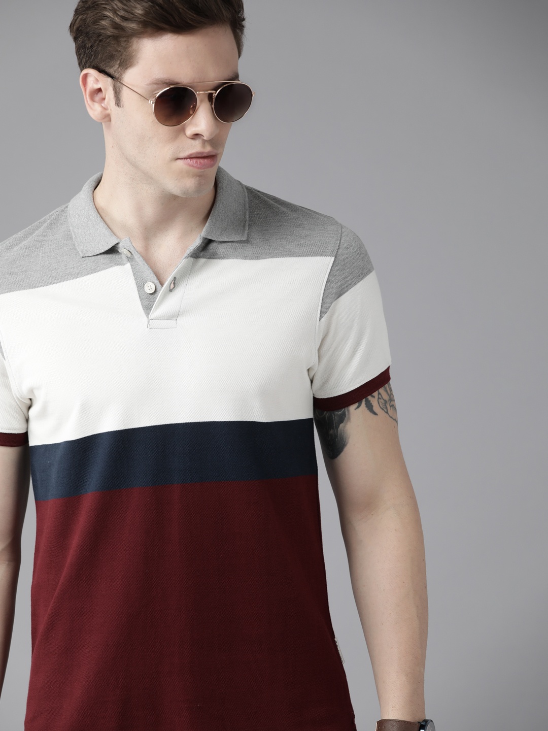 

Roadster Men Maroon & Beige Pure Cotton Striped Polo T-shirt