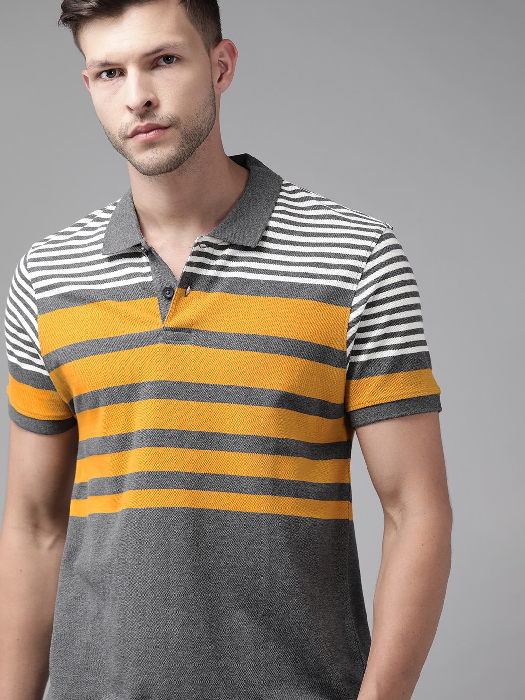 

Roadster Men Charcoal & Mustard Yellow Striped Polo Collar Pure Cotton T-shirt