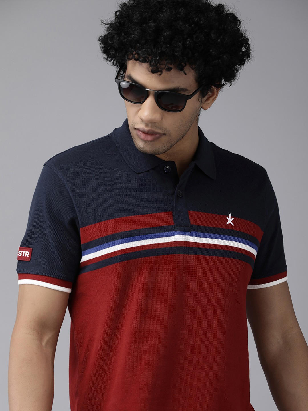 

The Roadster Lifestyle Co Men Red Navy Blue Colourblocked Polo Collar Pure Cotton T-shirt