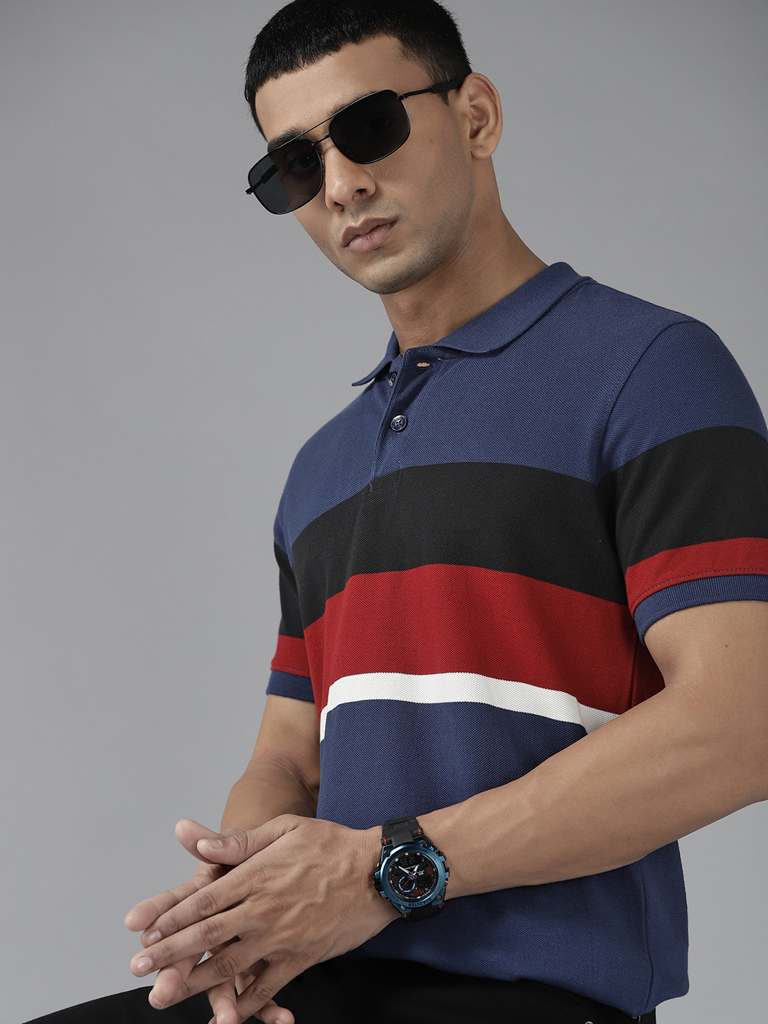 

Roadster Men Navy Blue & Red Colourblocked Polo Collar Pure Cotton T-shirt
