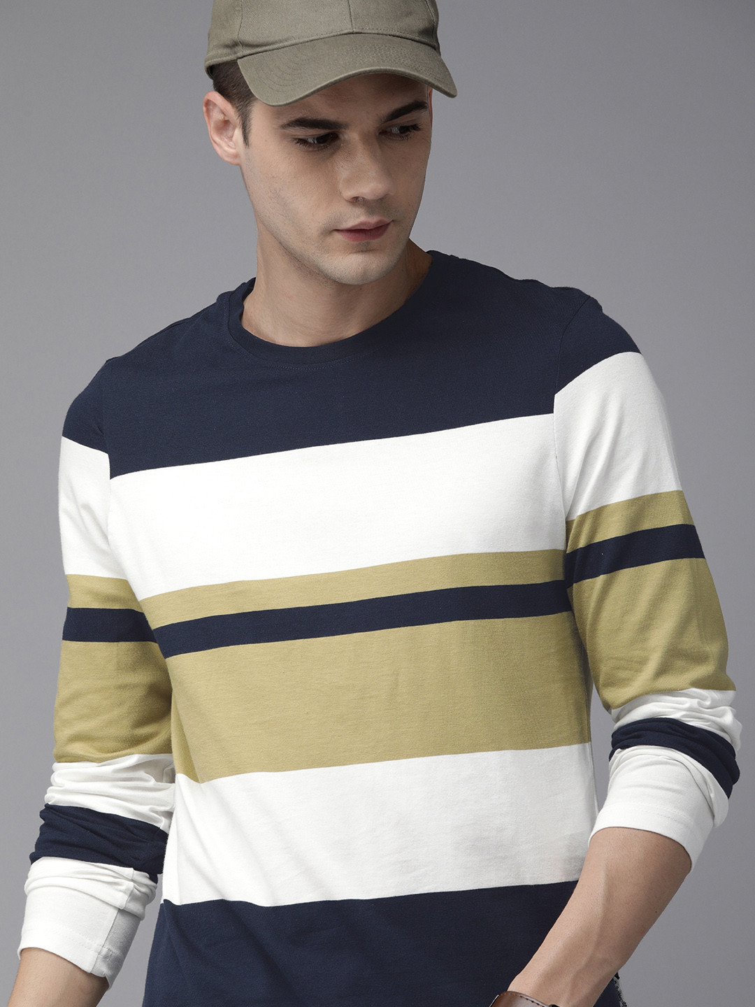 

The Roadster Lifestyle Co Men Navy Blue White Striped Pure Cotton T-shirt