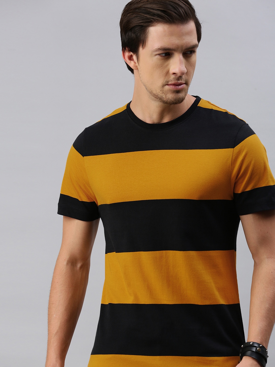 

The Roadster Lifestyle Co Men Black Striped Round Neck Pure Cotton T-shirt