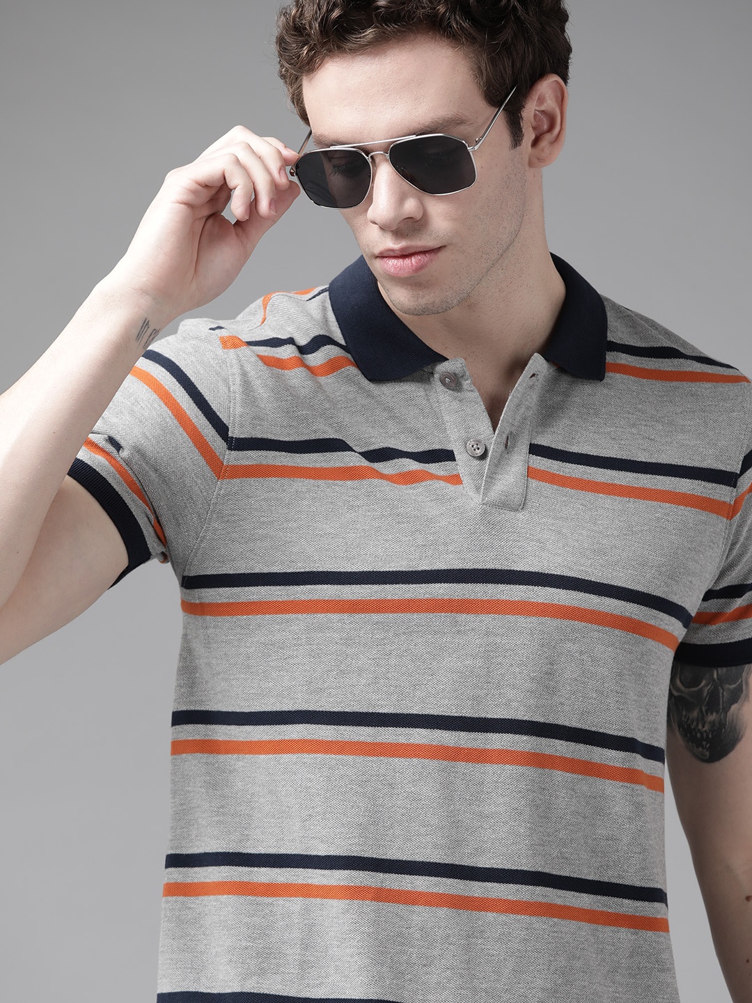 

Roadster Men Grey Melange & Navy Blue Striped Polo Collar Pure Cotton T-shirt
