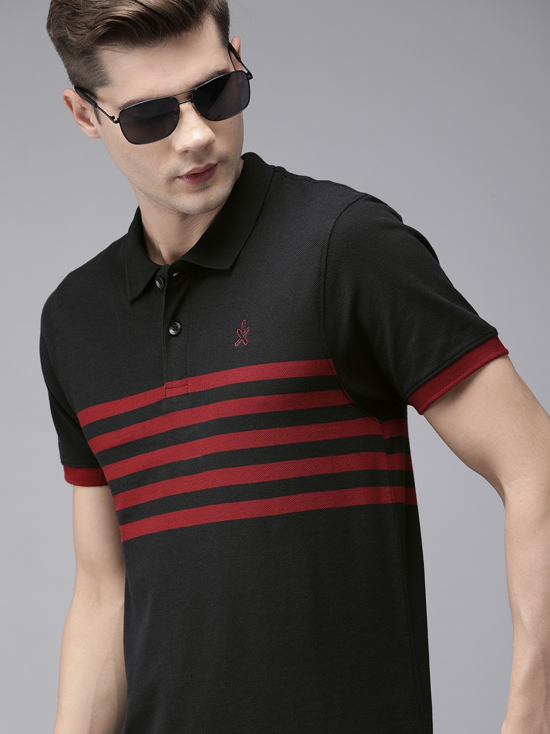 

The Roadster Lifestyle Co Men Black Red Striped Polo Collar Pure Cotton T-shirt