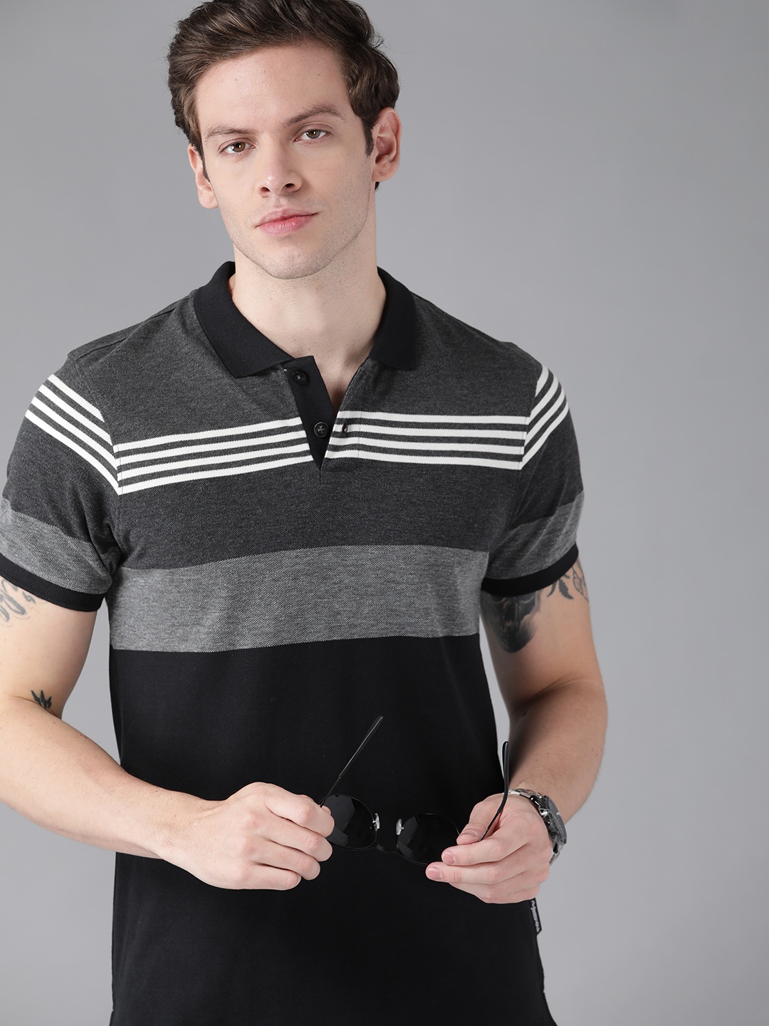 

Roadster Men Black & Grey Melange Colourblocked Polo Collar Pure Cotton T-shirt