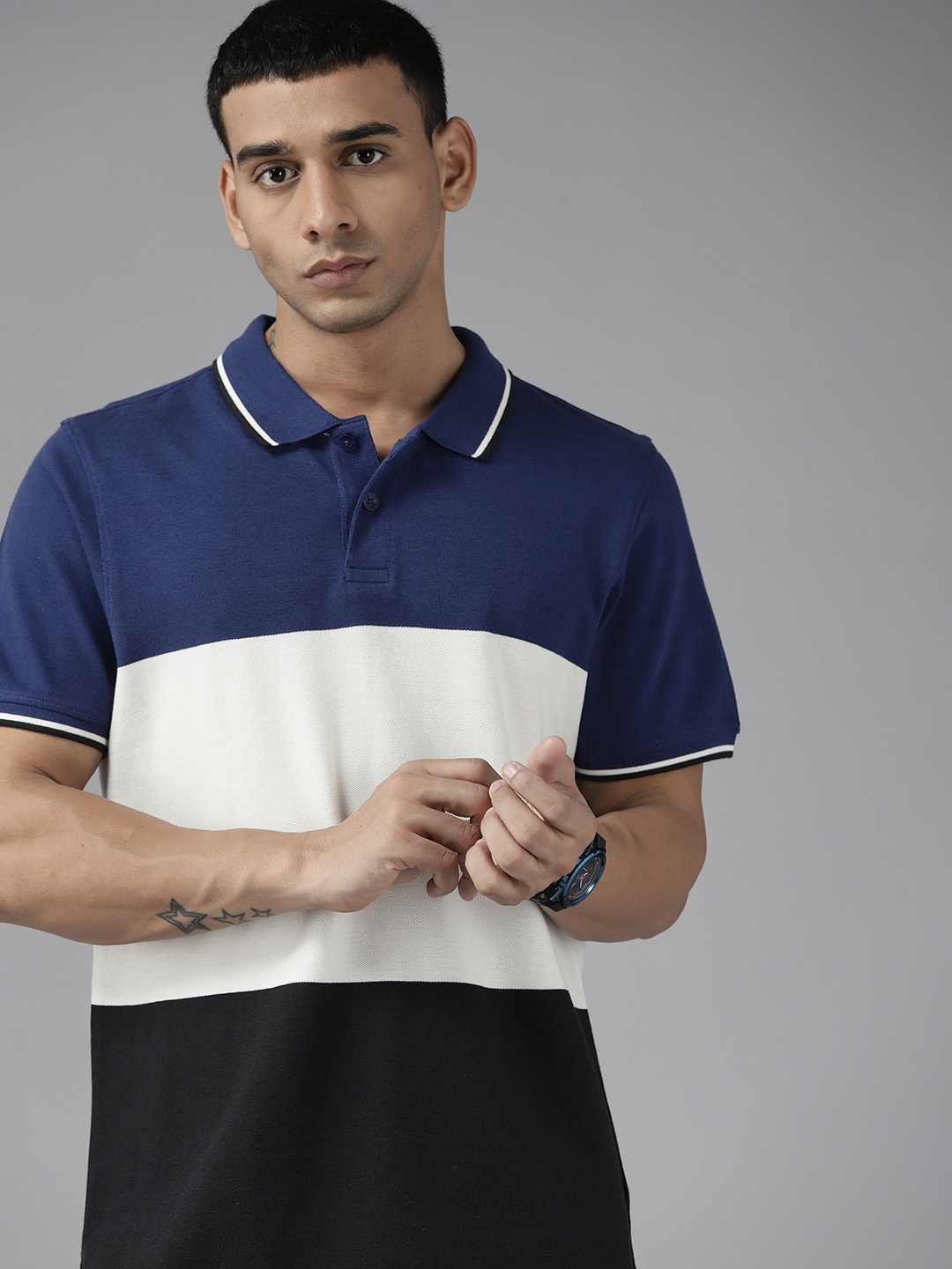 

Roadster Men Navy Blue & Off White Colourblocked Polo Collar Pure Cotton T-shirt