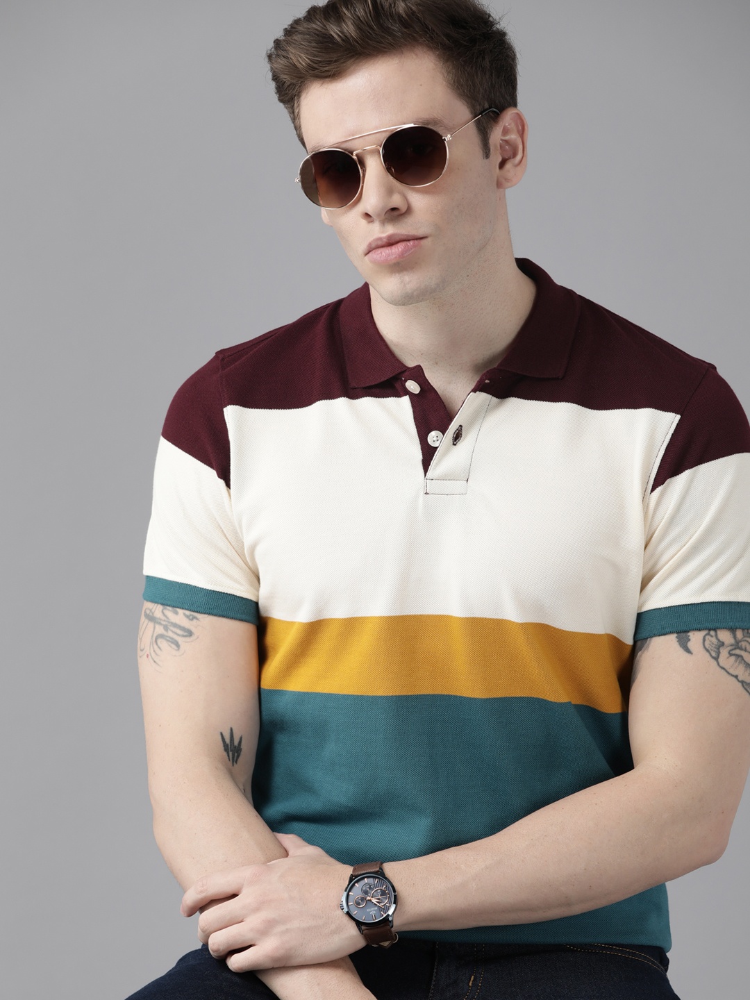 

Roadster Men Blue & Beige Pure Cotton Striped Polo Collar T-shirt