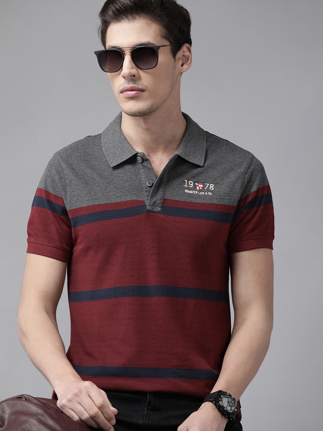 

Roadster Men Maroon Charcoal Grey Pure Cotton Striped Polo Collar T-shirt