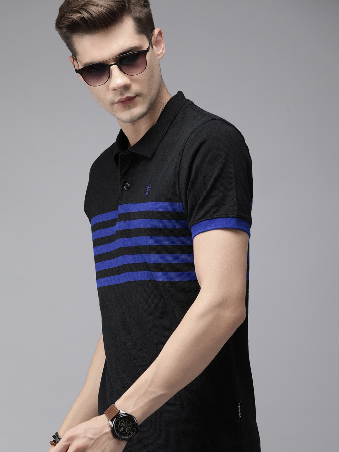 

The Roadster Lifestyle Co Men Black Blue Striped Polo Collar Pure Cotton T-shirt