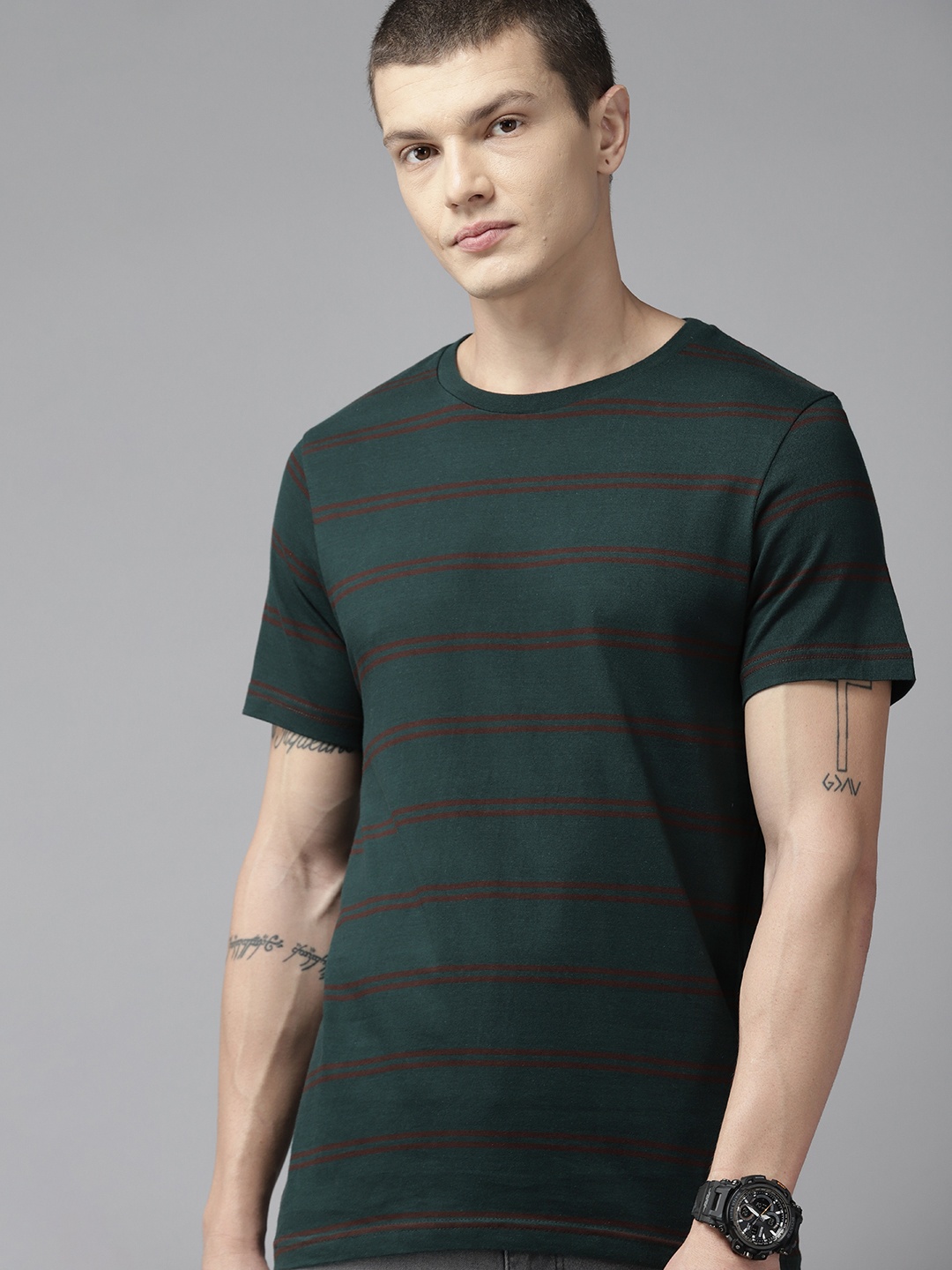 

The Roadster Lifestyle Co. Striped Pure Cotton T-shirt, Green