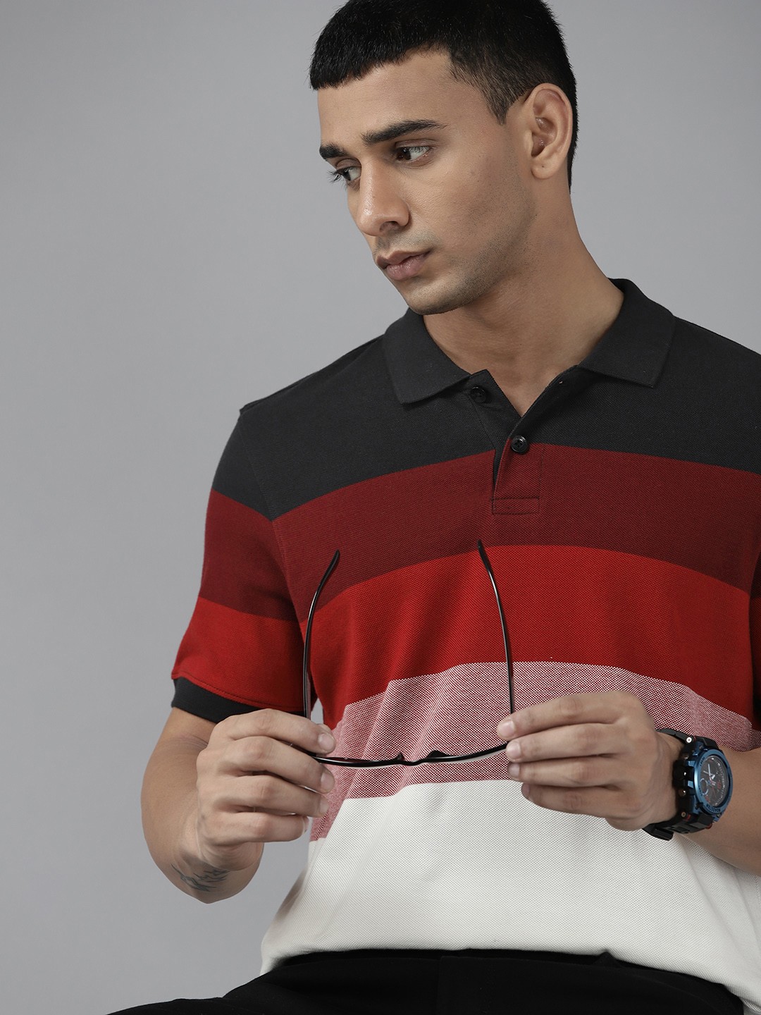 

Roadster Men Maroon & Off White Colourblocked Polo Collar Pure Cotton T-shirt