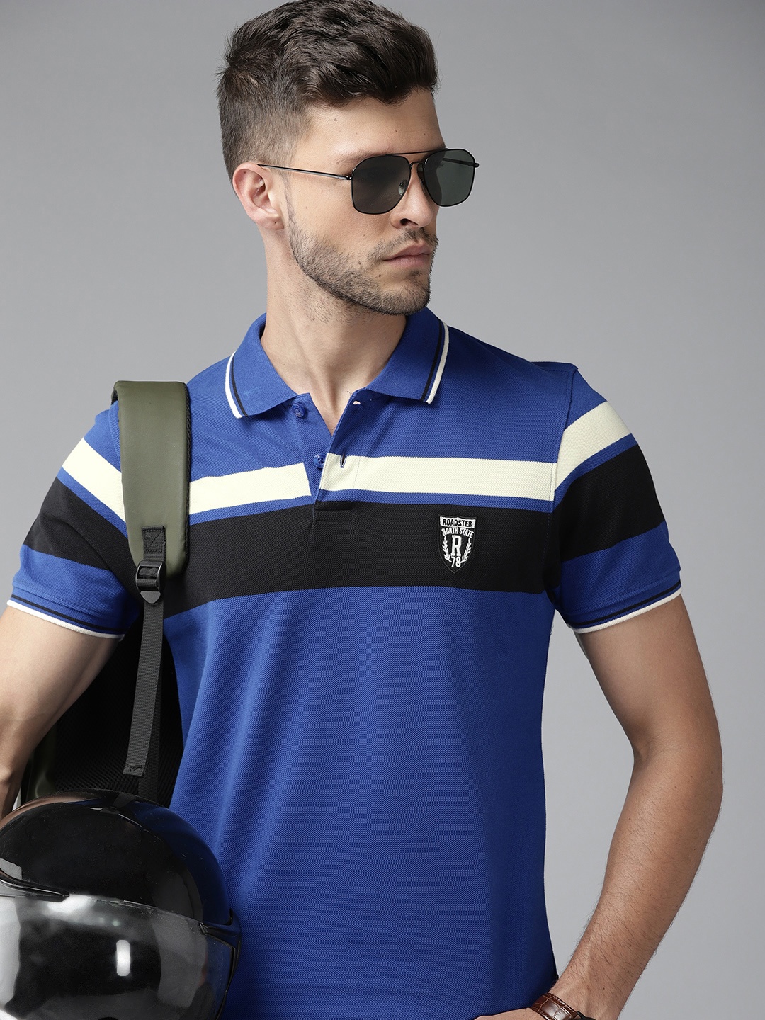 

Roadster Men Blue & Black Striped Polo Collar Pure Cotton T-shirt