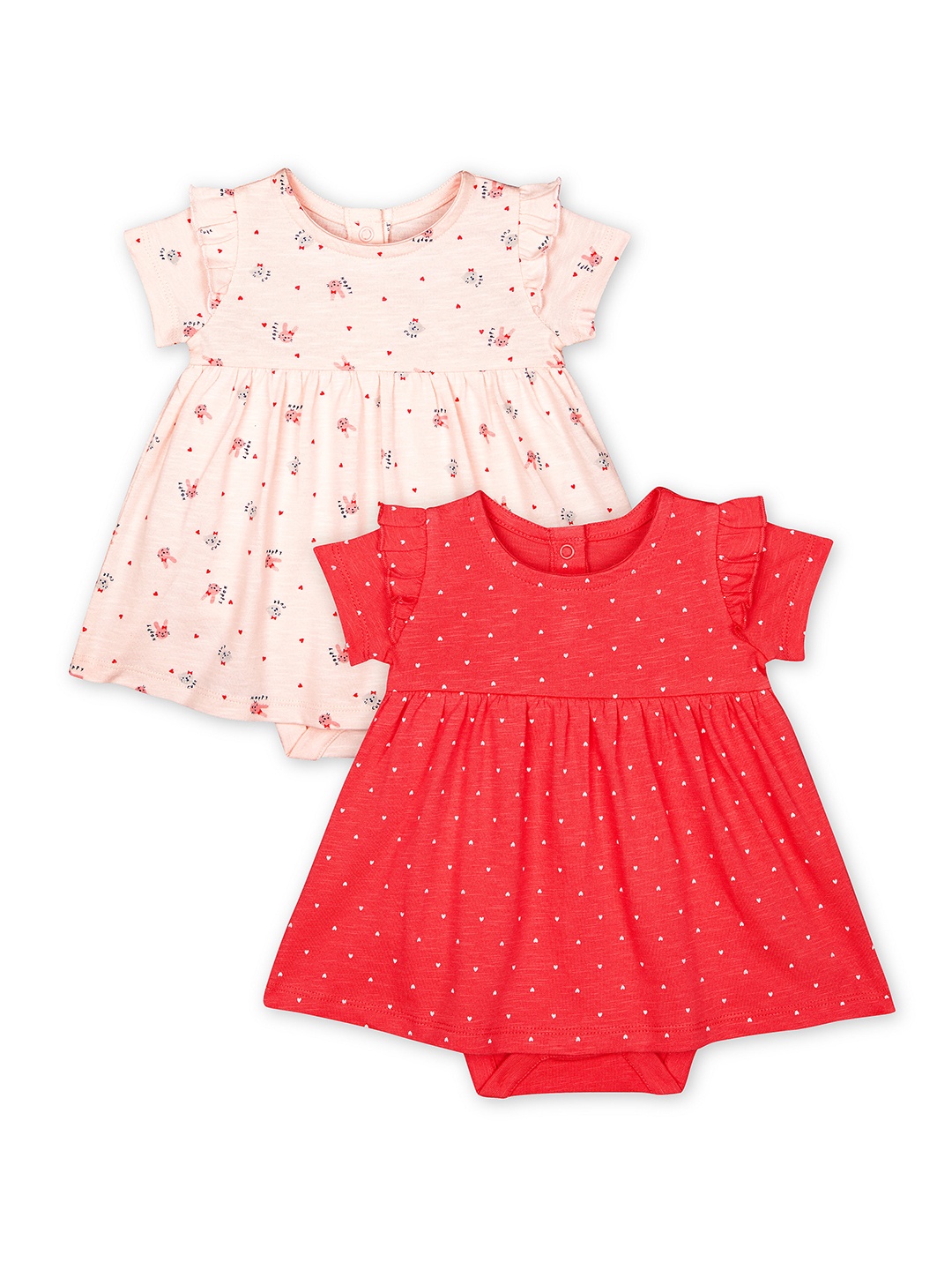 

mothercare Infant Girls Set of 2 Coral Pink & Light Pink Printed Pure Cotton Empire Dress