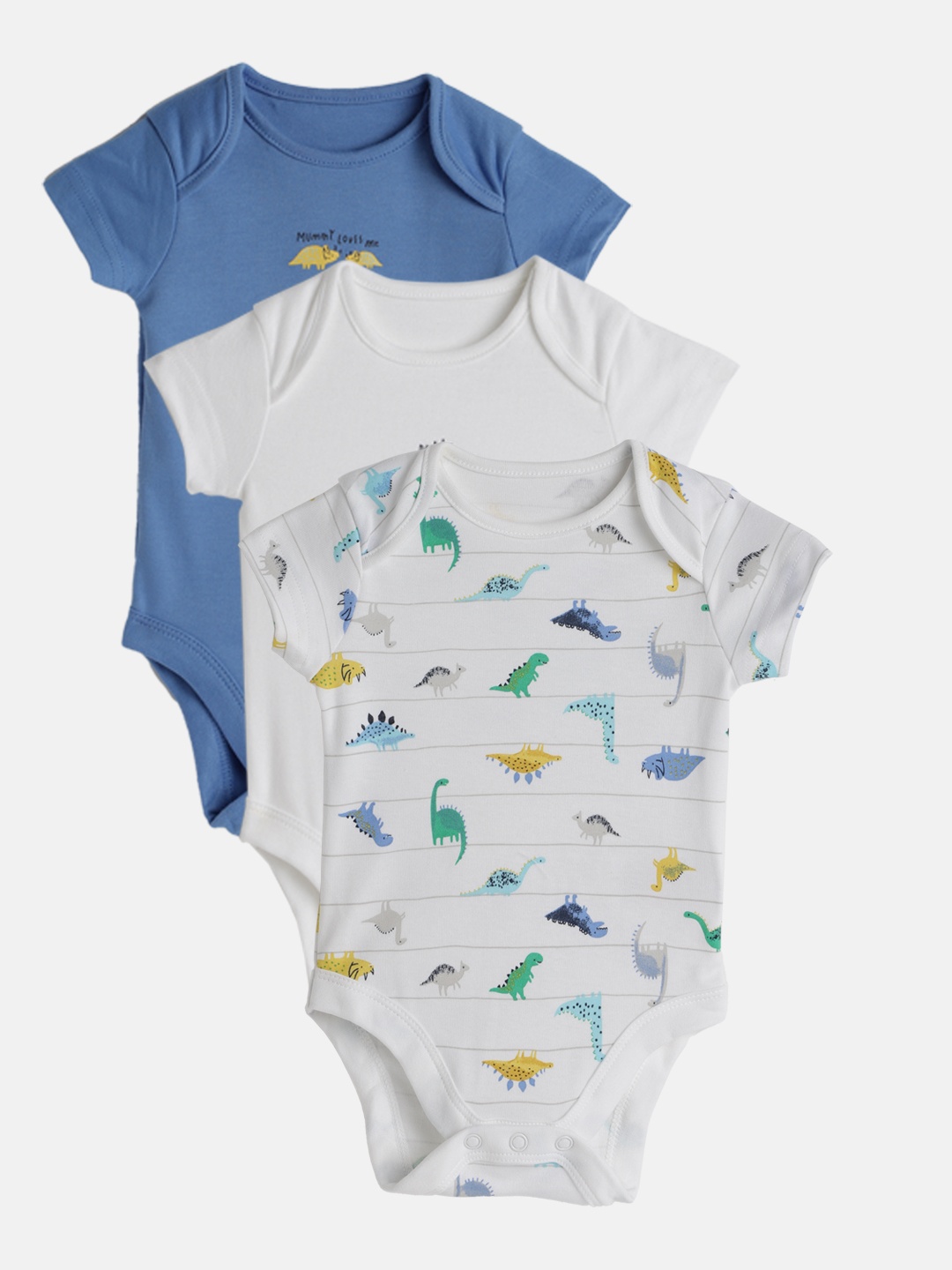 

mothercare Infant Boys Pack of 3 White & Blue Dino Print Pure Cotton Bodysuits