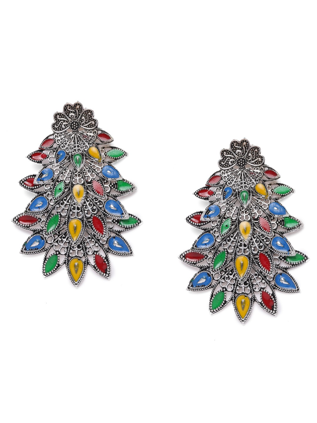 

Kord Store Silver-Plated Multicolored Meenakari Peacock Shaped Drop Earrings