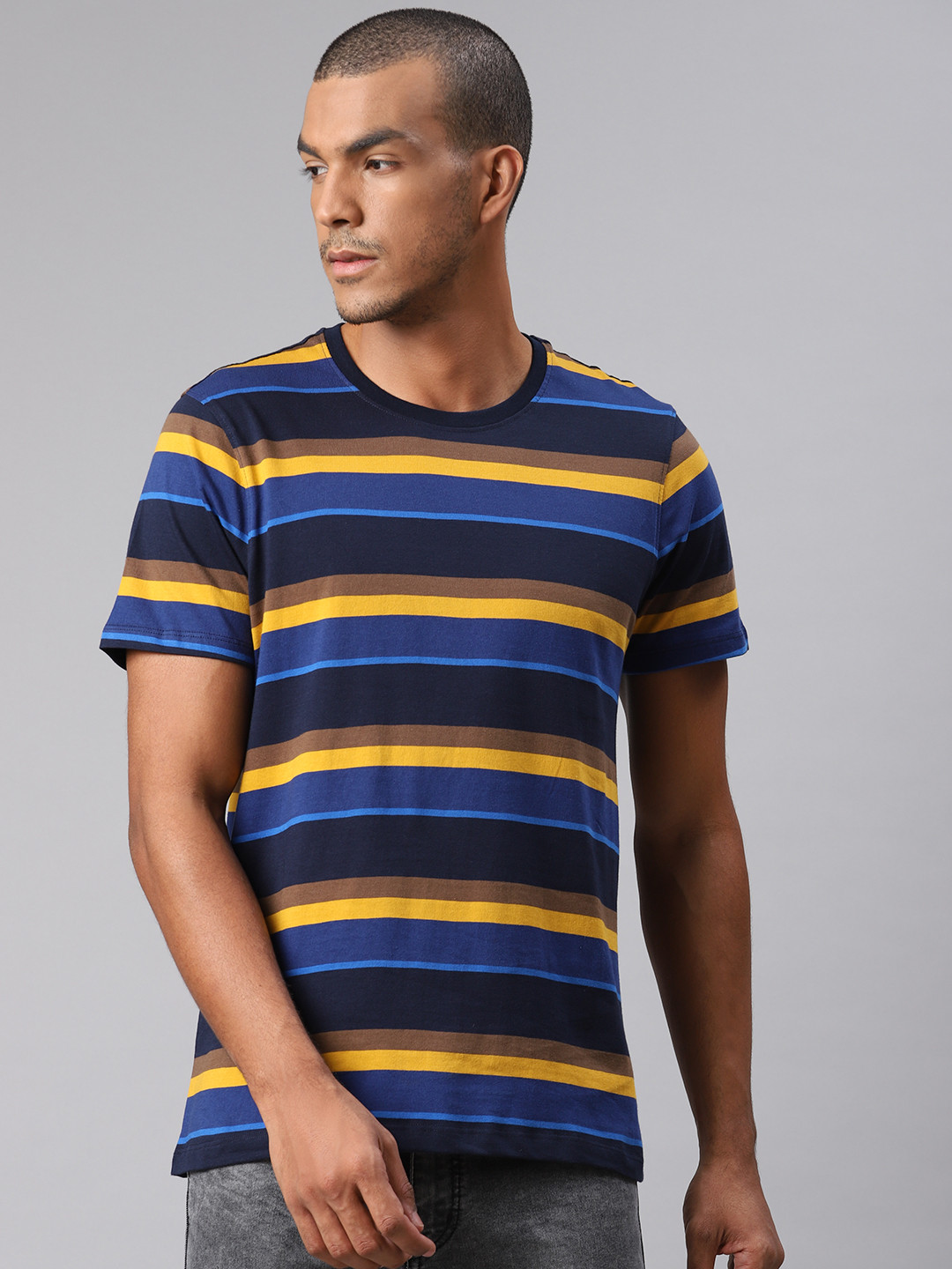 

The Roadster Lifestyle Co Men Blue Mustard Yellow Pure Cotton Striped Round Neck Pure Cotton T-shirt