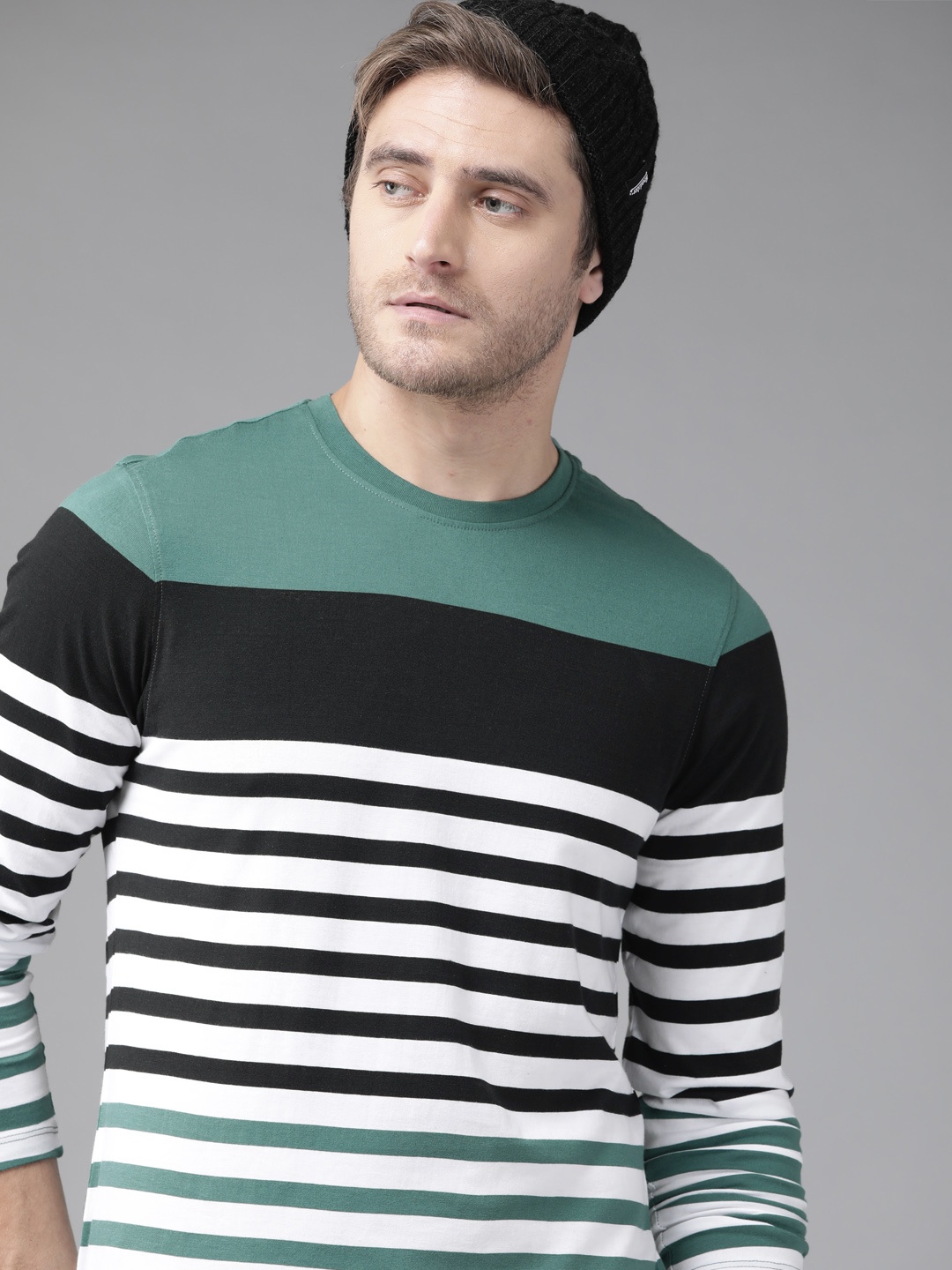 

Roadster Men White Black Striped Pure Cotton T-shirt