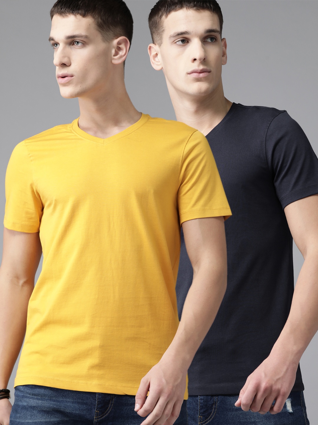 

The Roadster Lifestyle Co Men Pack of 2 Pure Cotton Solid V-Neck T-shirts, Navy blue
