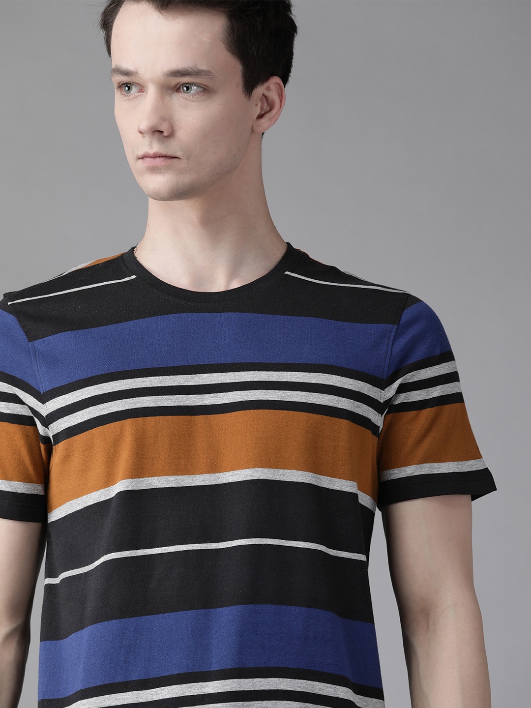 

The Roadster Lifestyle Co Men Black & Blue Pure Cotton Striped Round Neck T-shirt