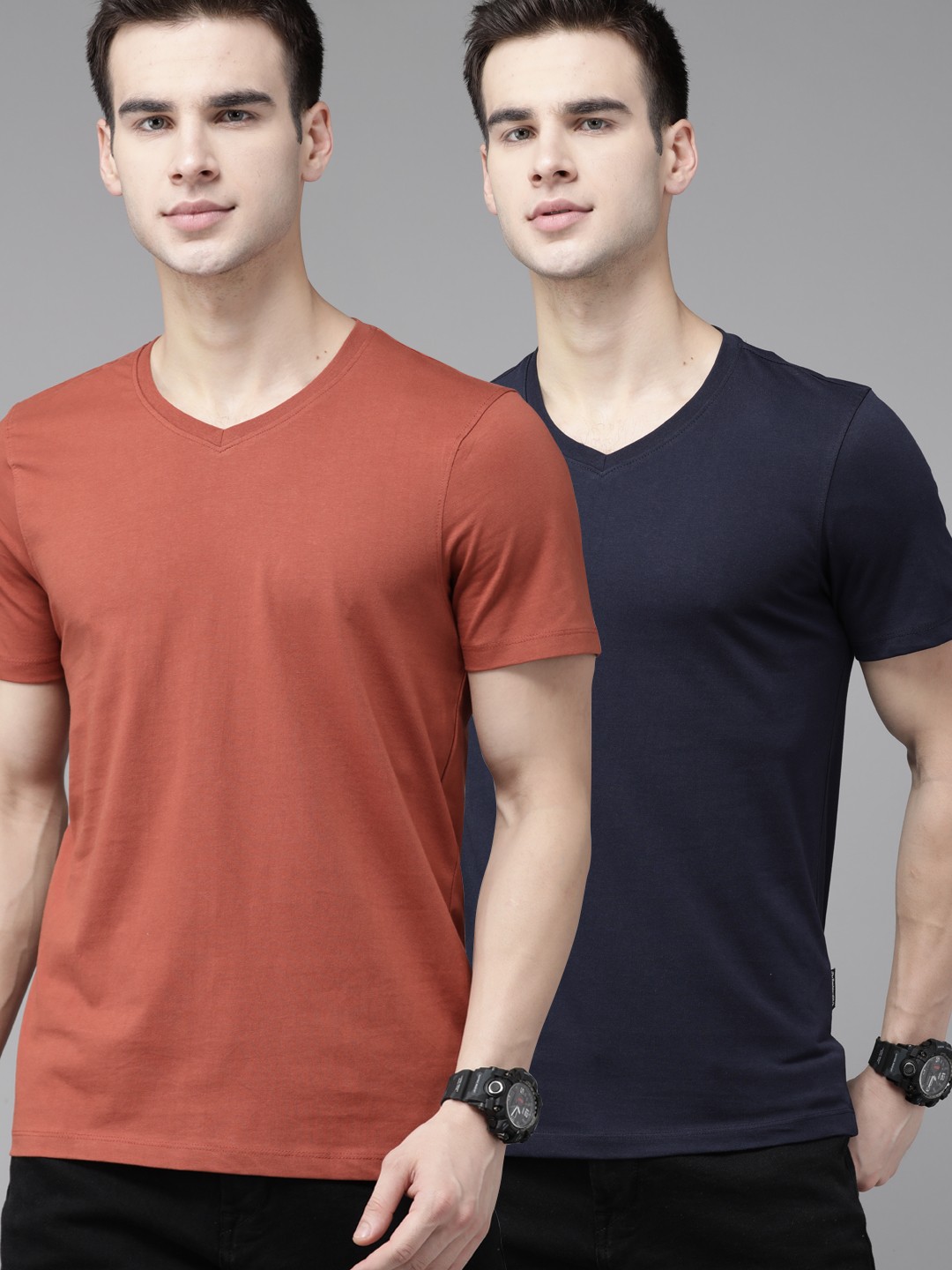 

The Roadster Lifestyle Co Men Pack Of Two Solid V-Neck Pure Cotton T-shirts, Rust