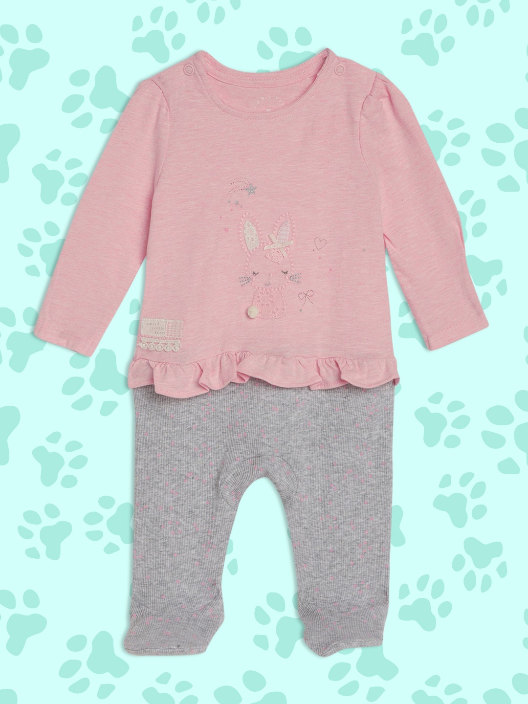 

mothercare Infant Girls Pink & Grey Embroidered Pure Cotton Sleepsuit