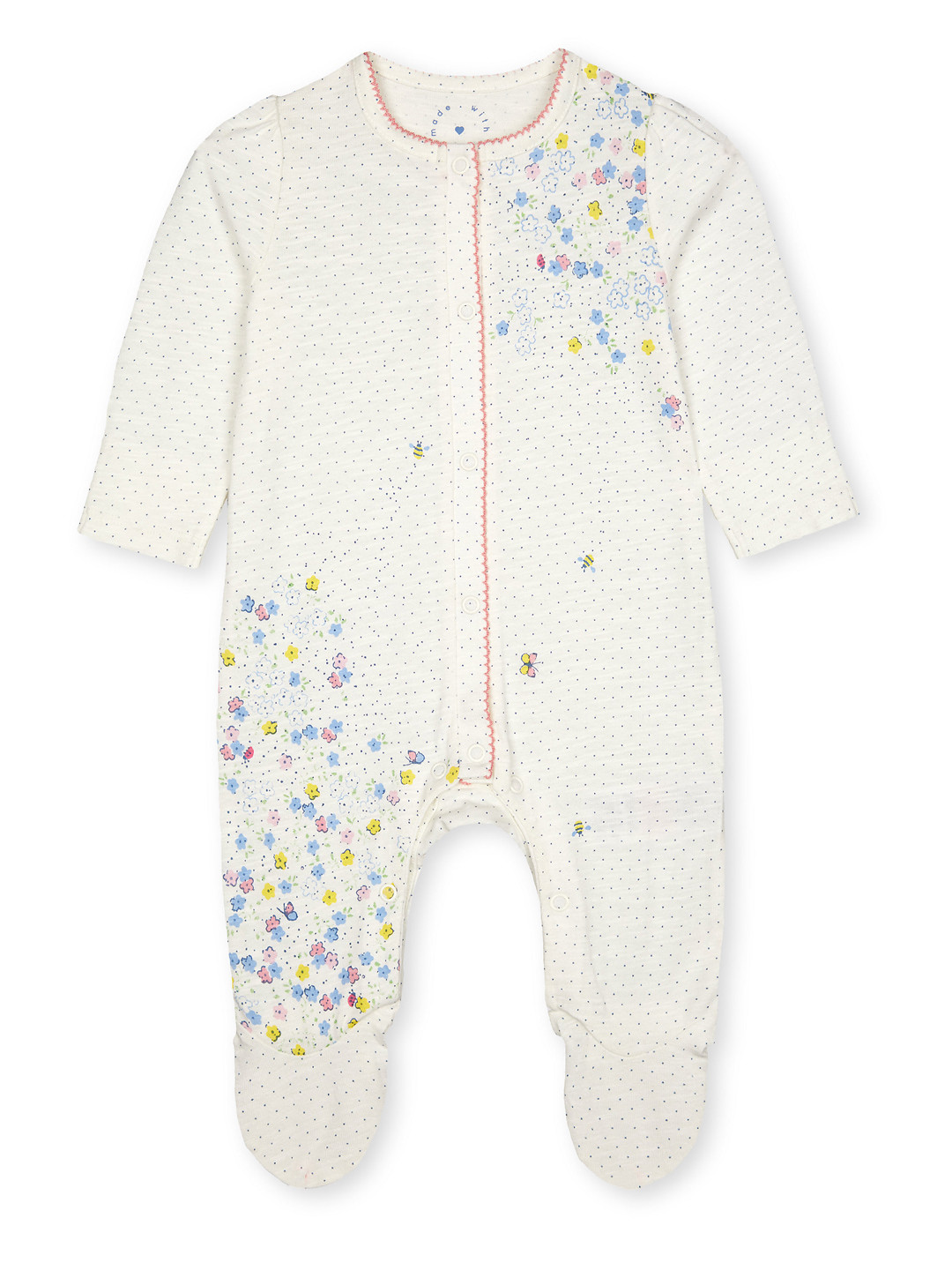 

mothercare Infant Girls Floral Printed Pure Cotton Sleepsuit, Off white