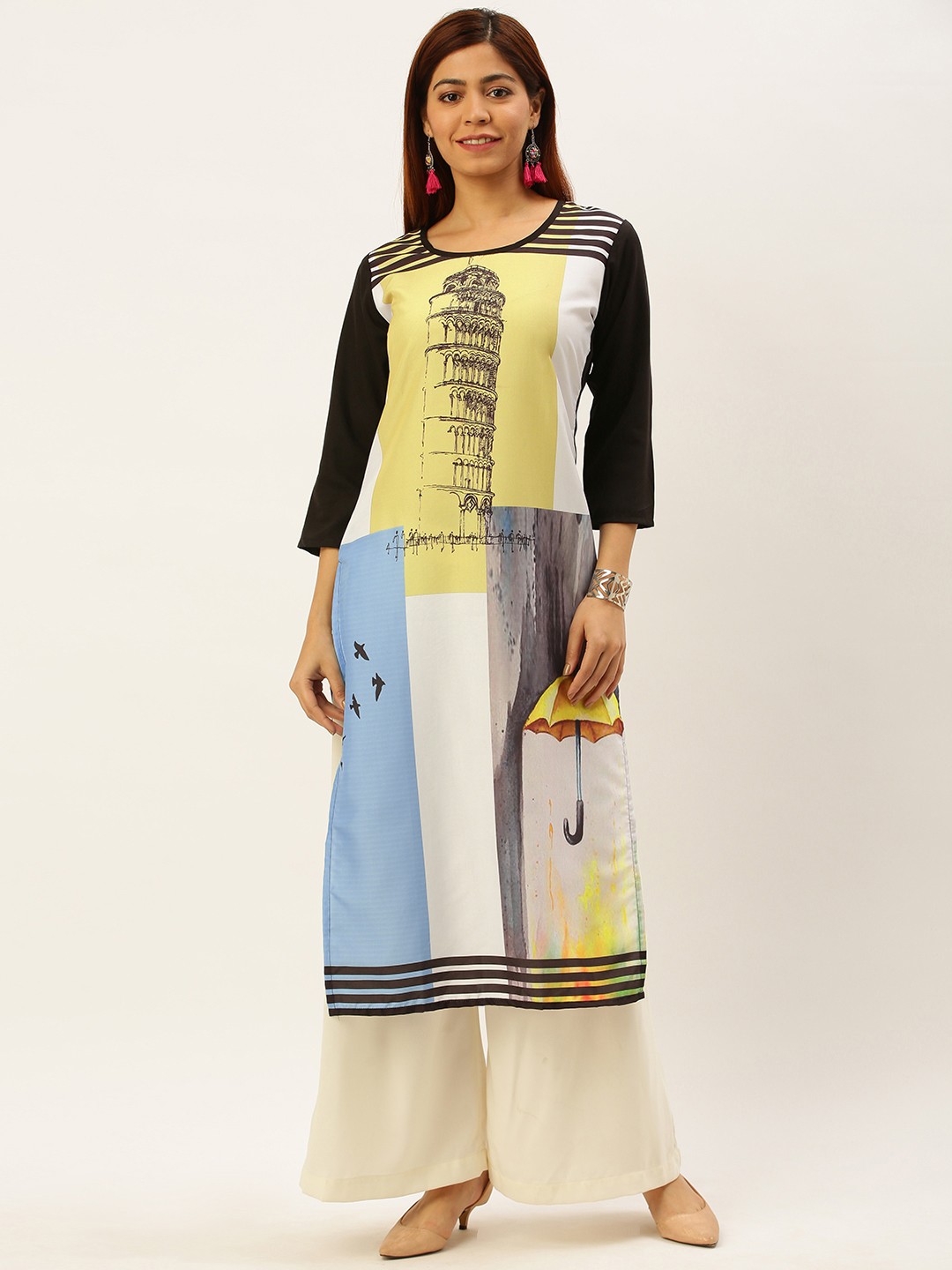 

Rajnandini Women White & Black Colourblocked Straight Kurta