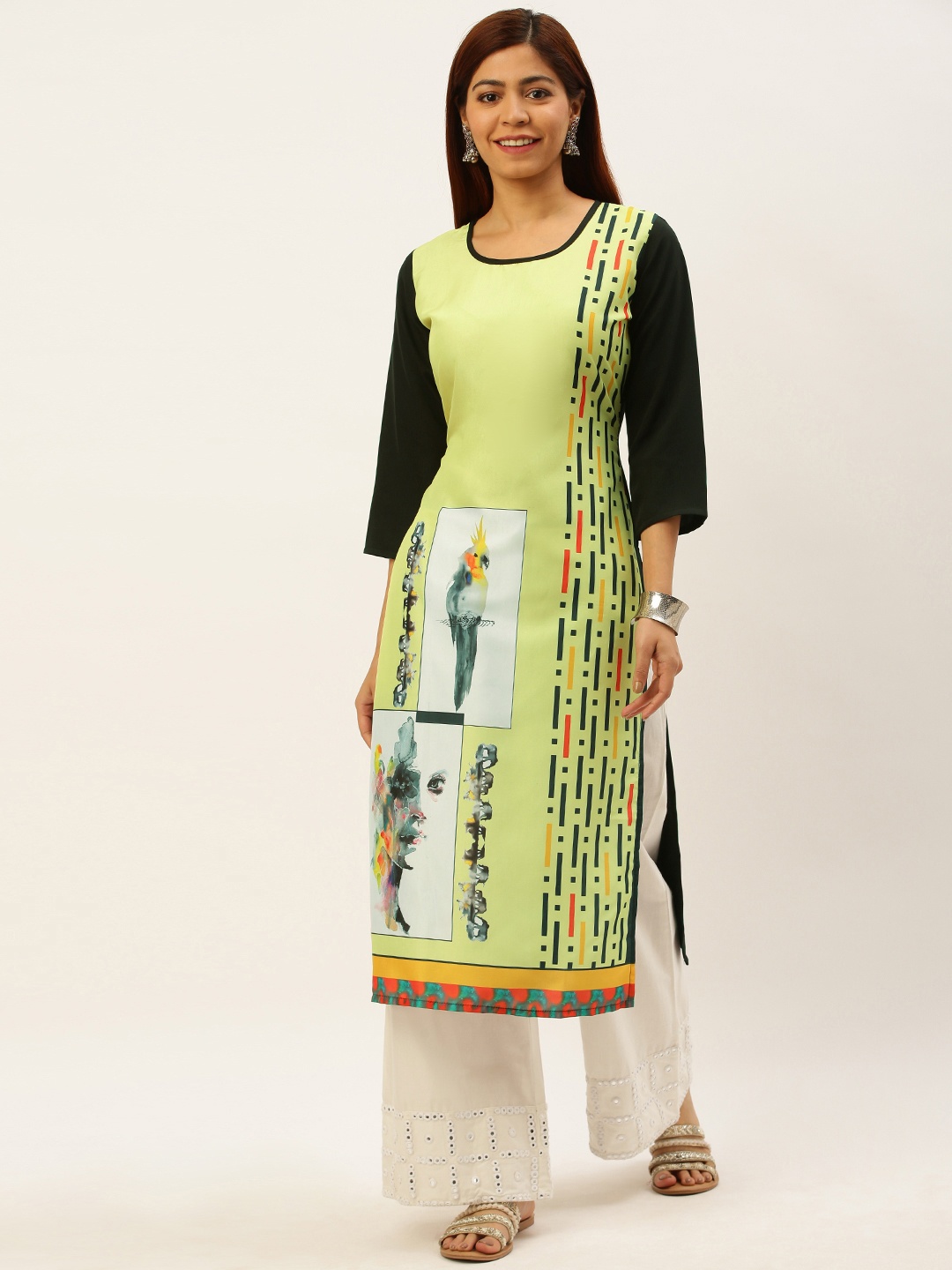 

Rajnandini Women Lime Green & Black Geometric Printed Straight Kurta