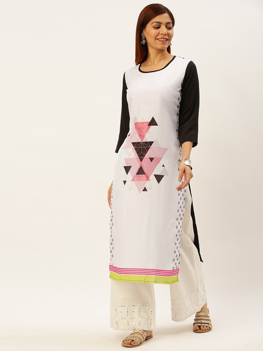 

Rajnandini Women White & Black Geometric Printed Straight Kurta