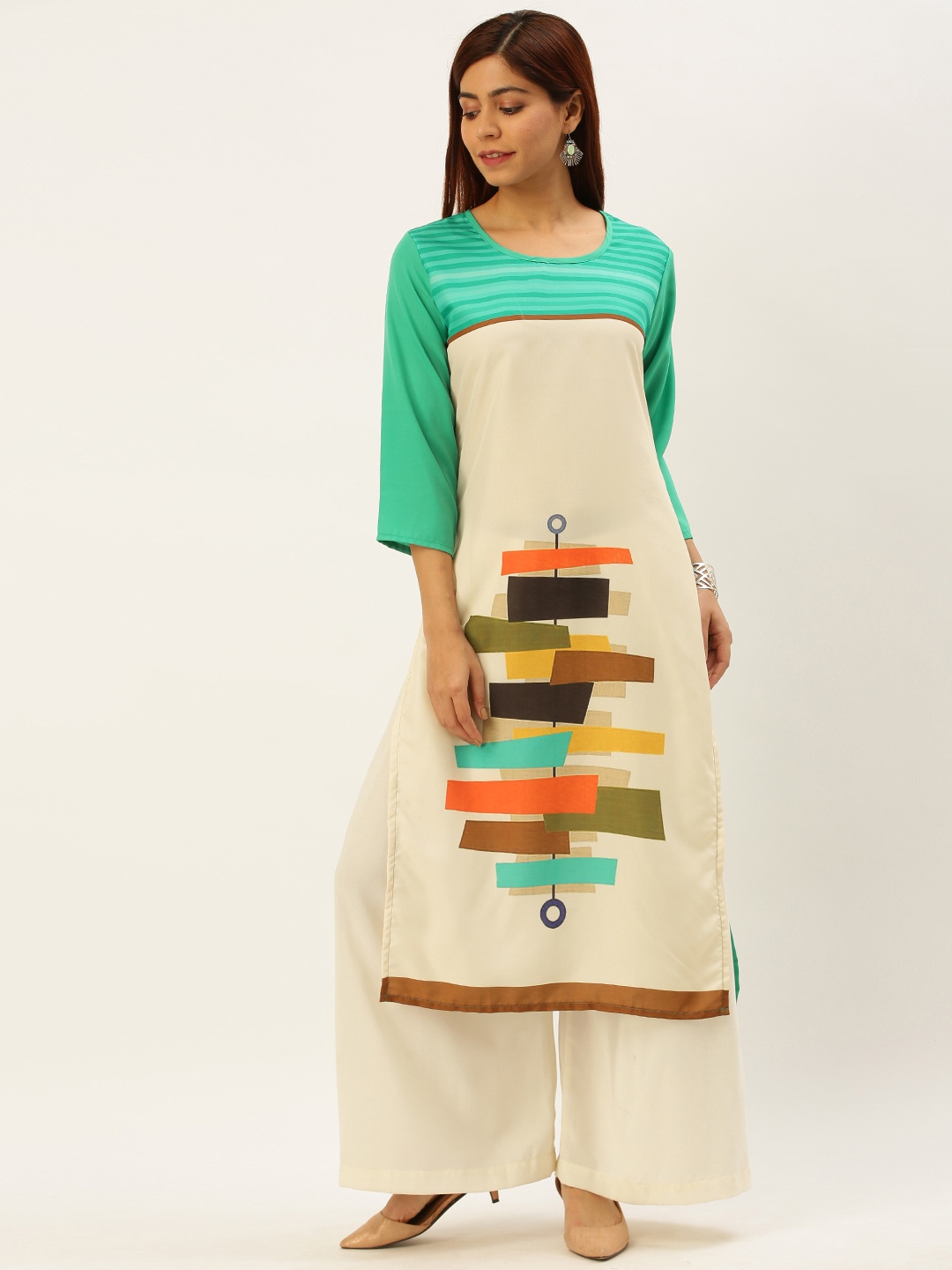 

Rajnandini Women Beige & Green Colourblocked Straight Kurta
