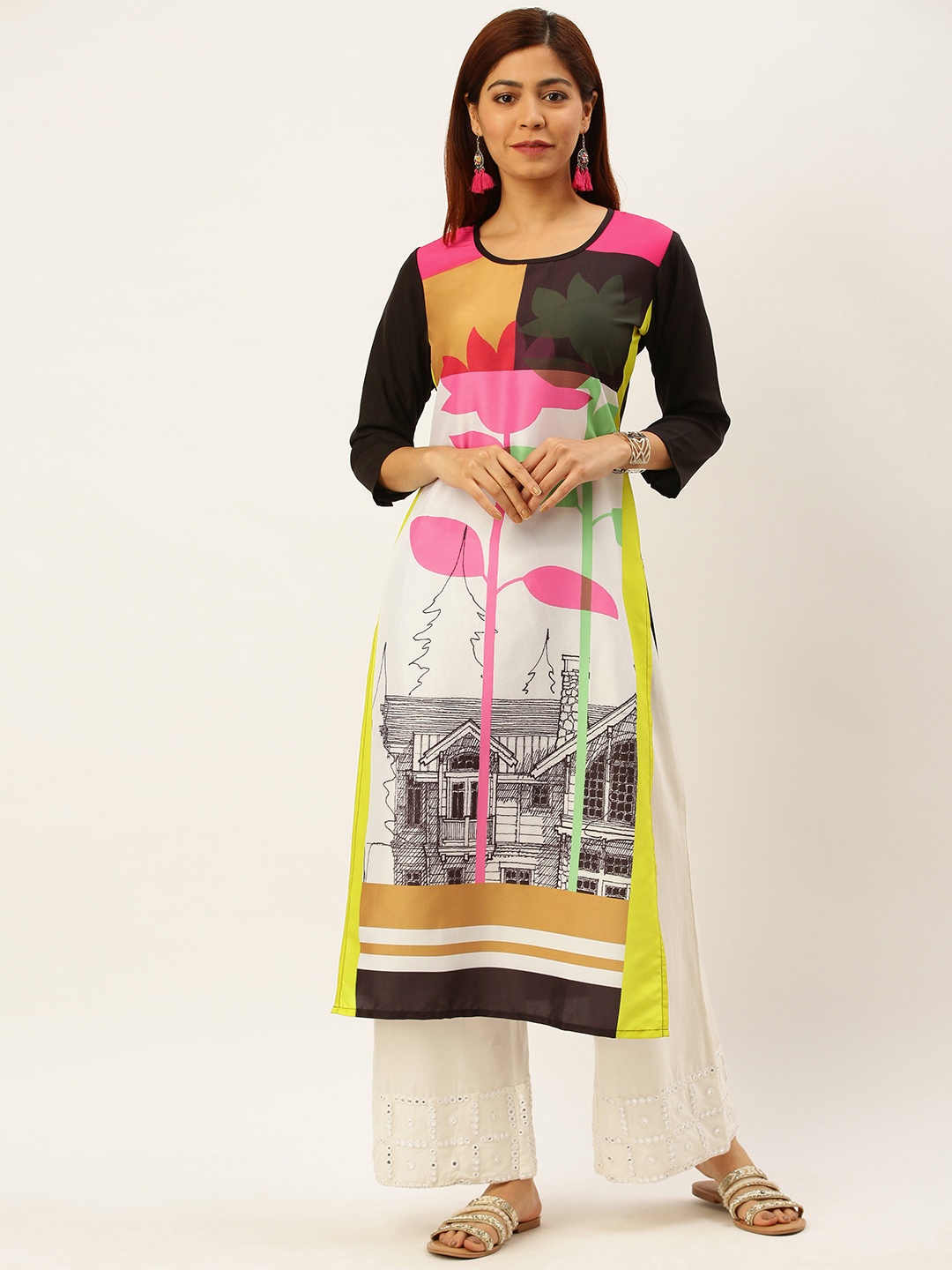 

Rajnandini Women White & Yellow Colourblocked Straight Kurta