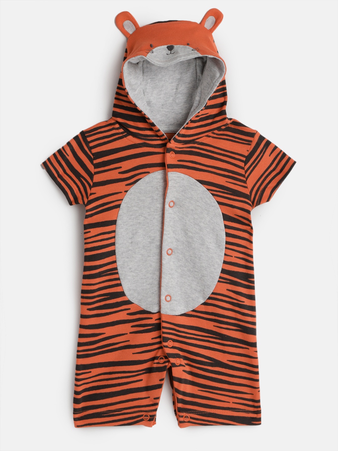 

mothercare Infant Boys Coral Red & Black Tiger Print Hooded Pure Cotton Rompers