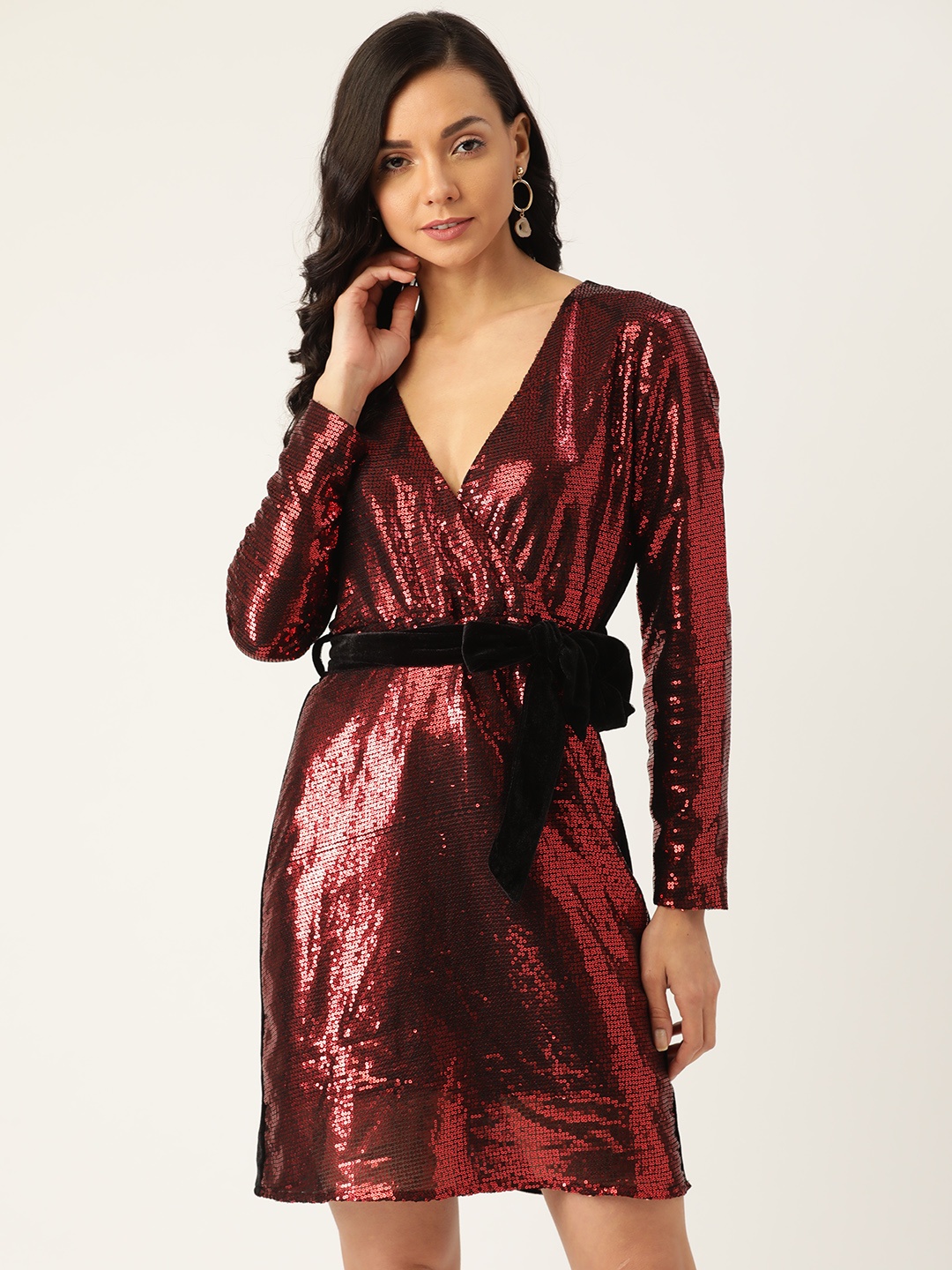 

DODO & MOA Women Maroon & Black Squined Wrap Dress with Belt