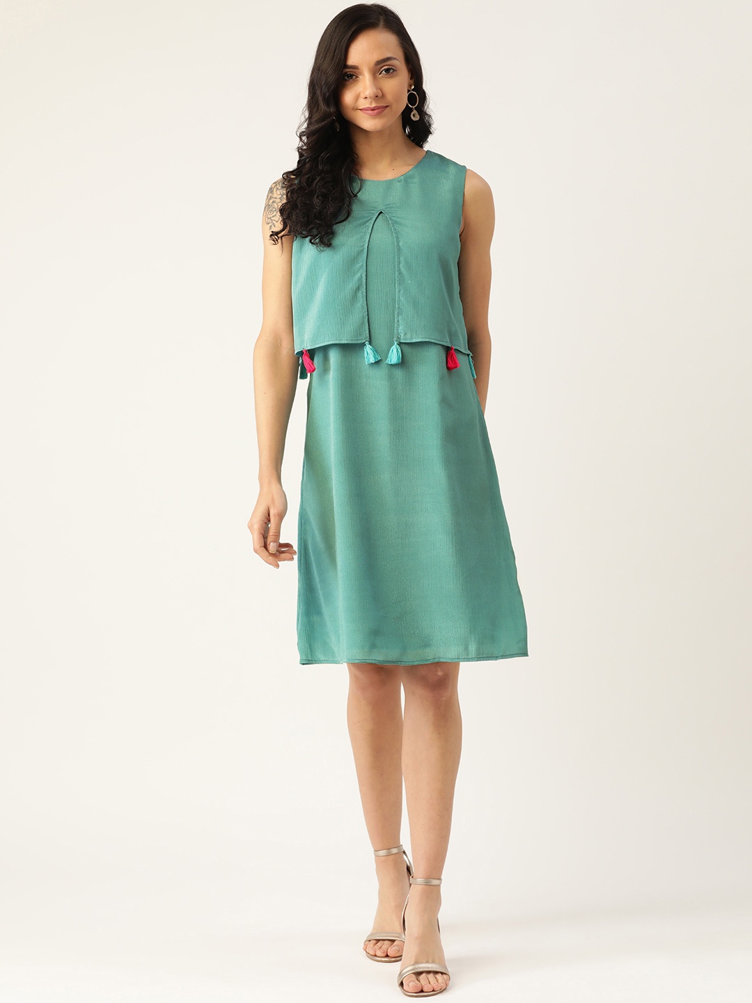 

DODO & MOA Women Sea Green Solid A-Line Dress with Layered & Tasselled Detail