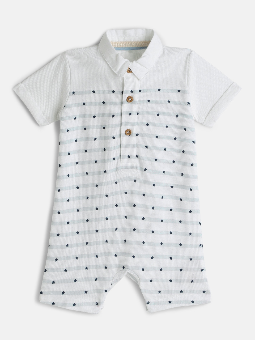 

mothercare Infant Boy White & Blue Striped with Star Print Pique Pure Cotton Romper