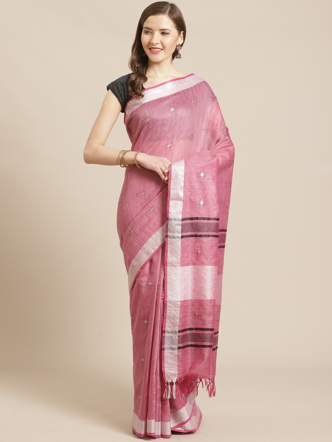 

swatika Pink & White Woven Design Handloom Bhagalpuri Saree