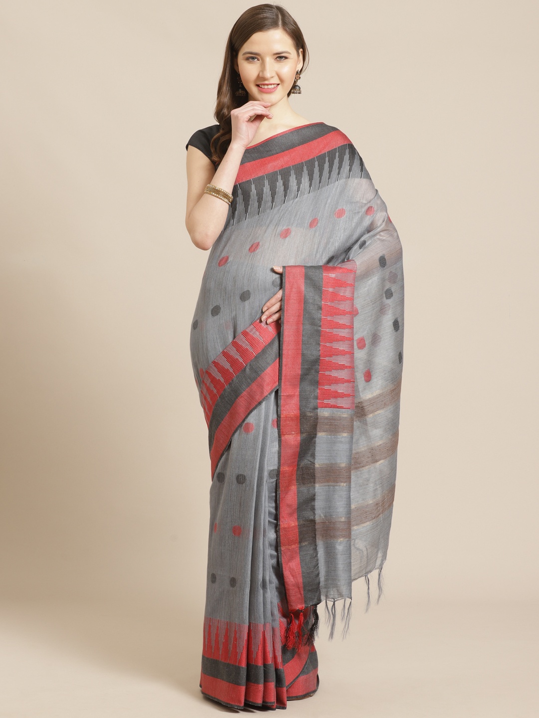 

swatika Grey & Red Woven Design Handloom Bhagalpuri Saree