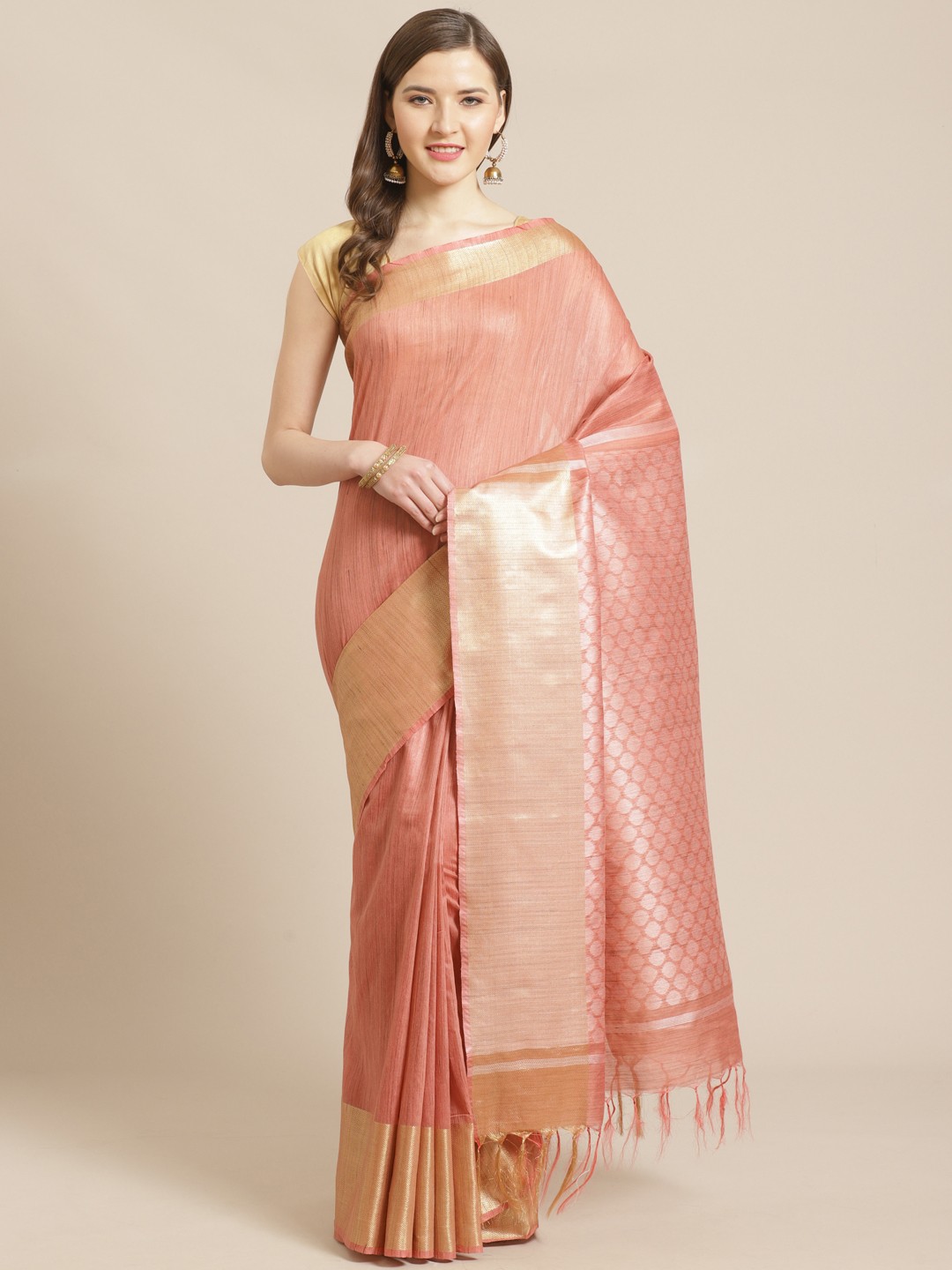 

swatika Peach-Coloured Solid Handloom Bhagalpuri Saree With Zari Detail